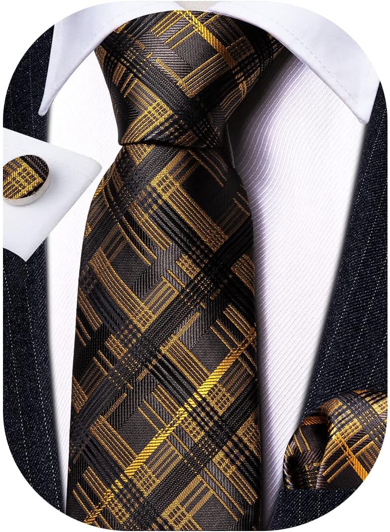 Barry.Wang Plaid Ties Check Mens Necktie Set with Handkerchief Cufflinks Classic Stripe - Image 7