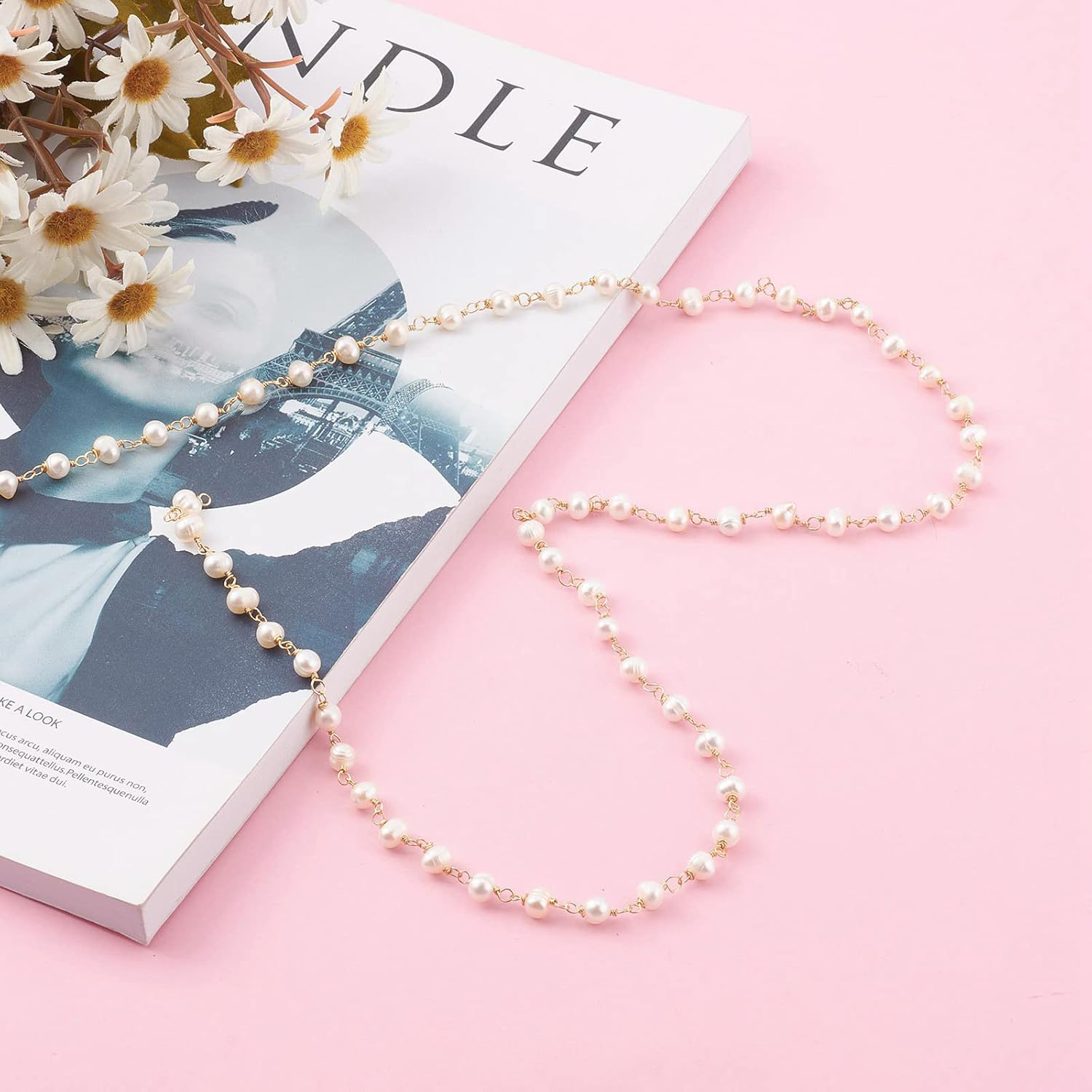 1 Strand 3.28 Feet White Freshwater Pearl Beaded Chains with Copper Wire Freshwater Cultured Pearl Beads for Jewelry Making
