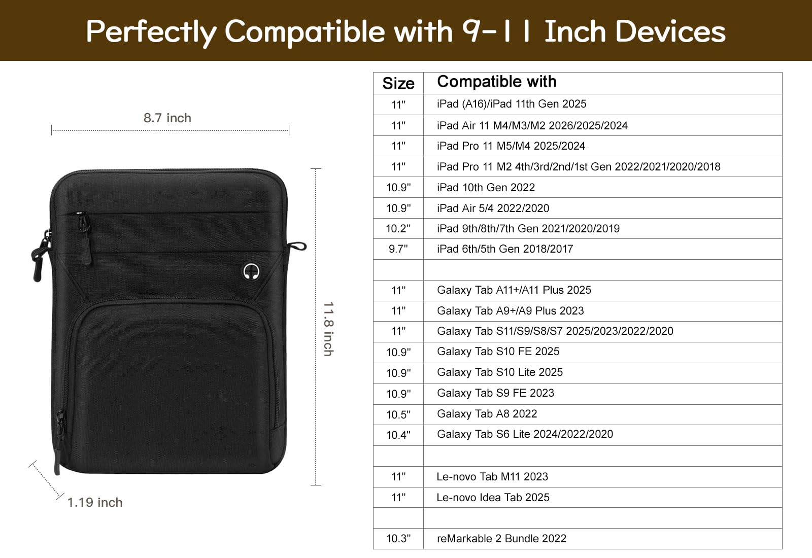 Dadanism 9-11" Custodia Borsa per Tablet con Tracolla per iPad (A16) 11", iPad Air M4 M3/Pro M5 M4 11", iPad 10a Gen/Air 5 10,9", iPad 9/8/7a Gen 10,2", Galaxy Tab A11+ 11", Tab M11 11", Nero