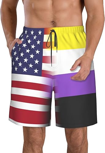American Non-Binary Pride Flag Mens Casual Beach Shorts Maritime Surf Swimming Trunks