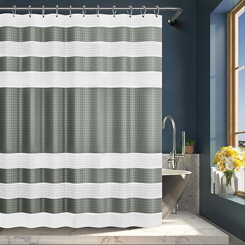 Miniatura 2 de AmazerBath Juego de cortina de ducha gris y blanco con 12 ganchos, cortina de ducha gris con textura de gofre, cortina de ducha de tela suave,