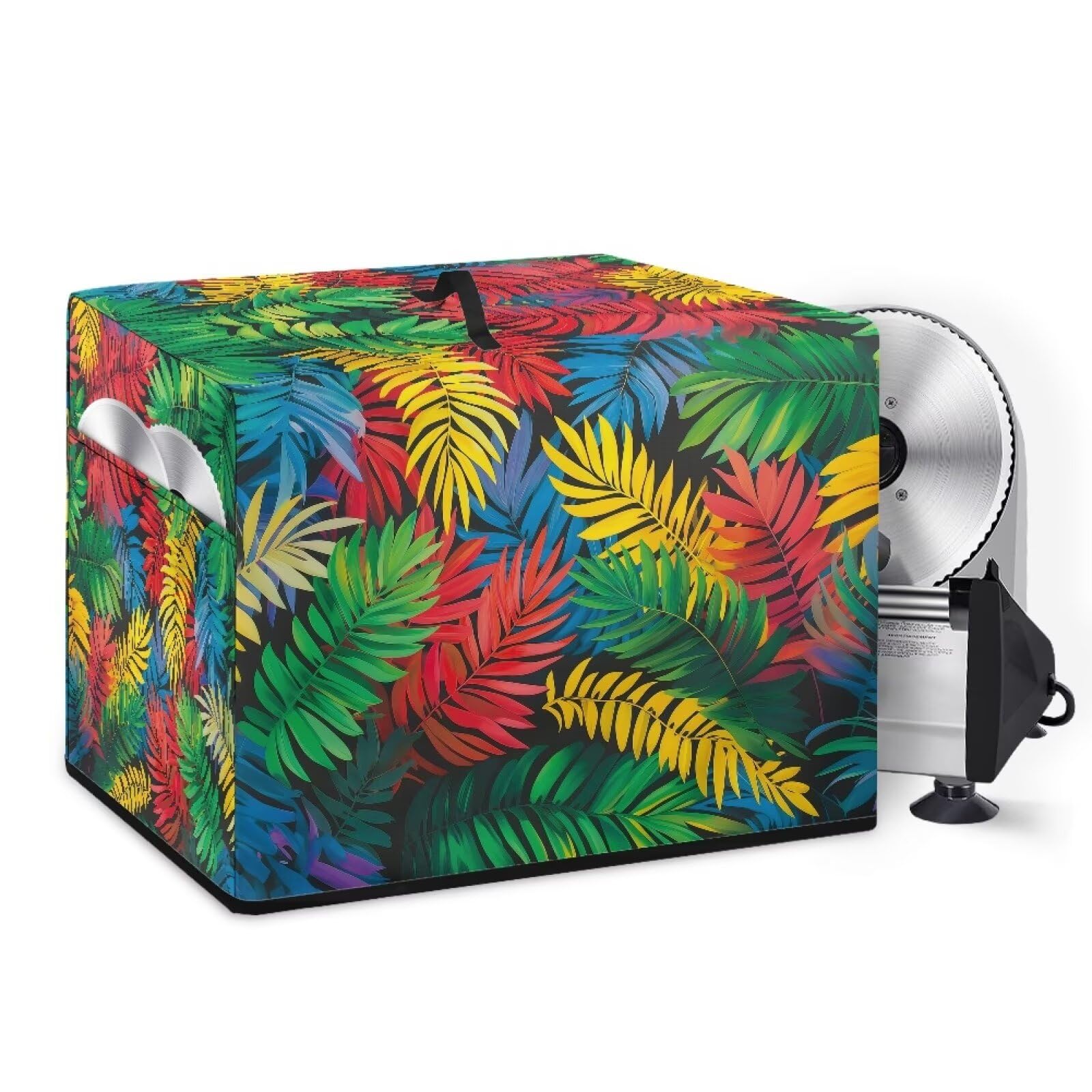ZCFYGDX Food Slicer Cover with Side Pocket and Top Handle, Home Kitchen Electric Appliance Cover Waterproof Fabric Dust-Proof Durable Cheese Bread Meat Slicer Cover, Colorful Palm Leaf Print