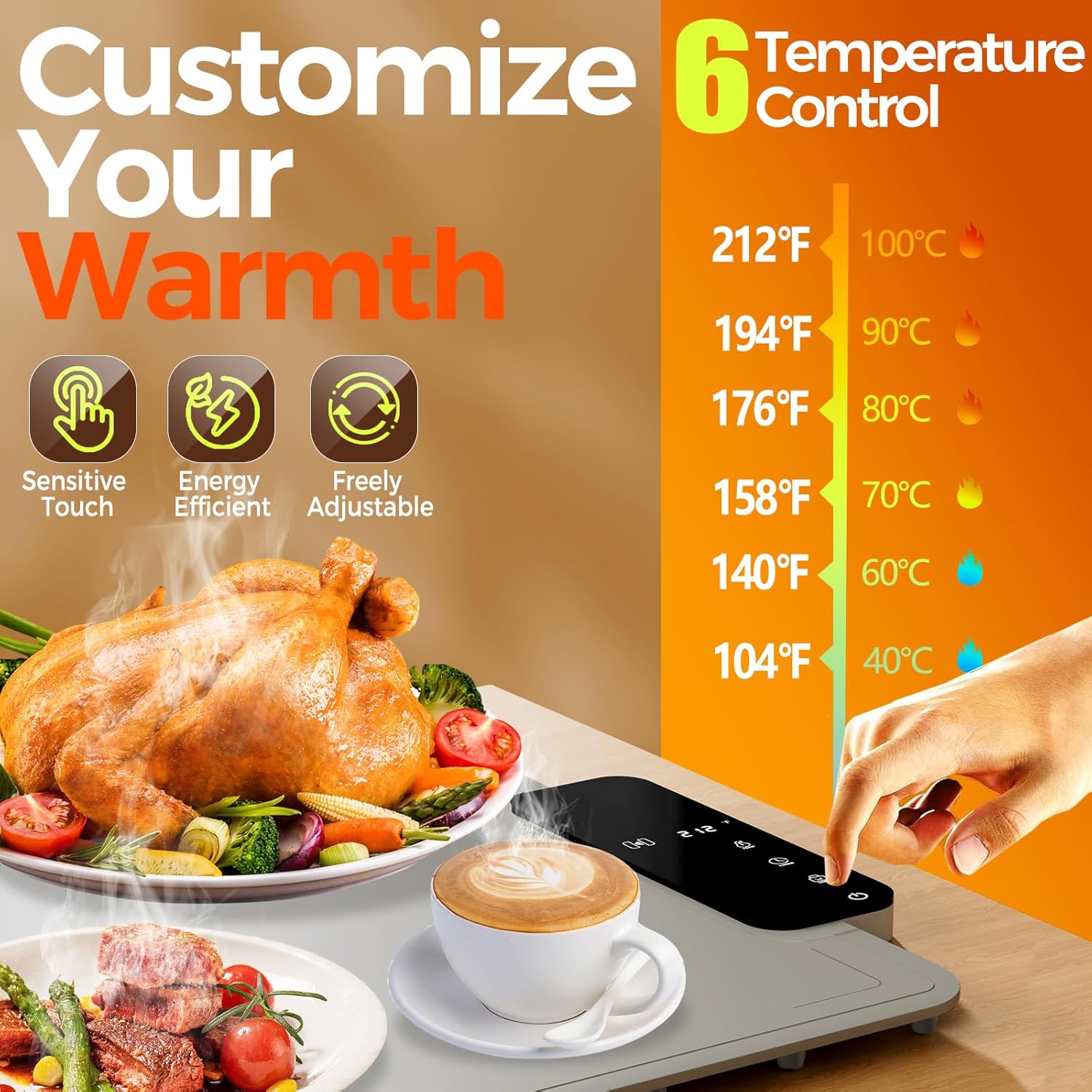 Warming Mat for Food | Dishwasher Friendly,Full-Surface Food Warmer with 6-Mode Adjustable and Timer,Roll-Up & Portable Silicone Food Heating Pad with Child Lock,Electric Warming Tray for Buffet Party