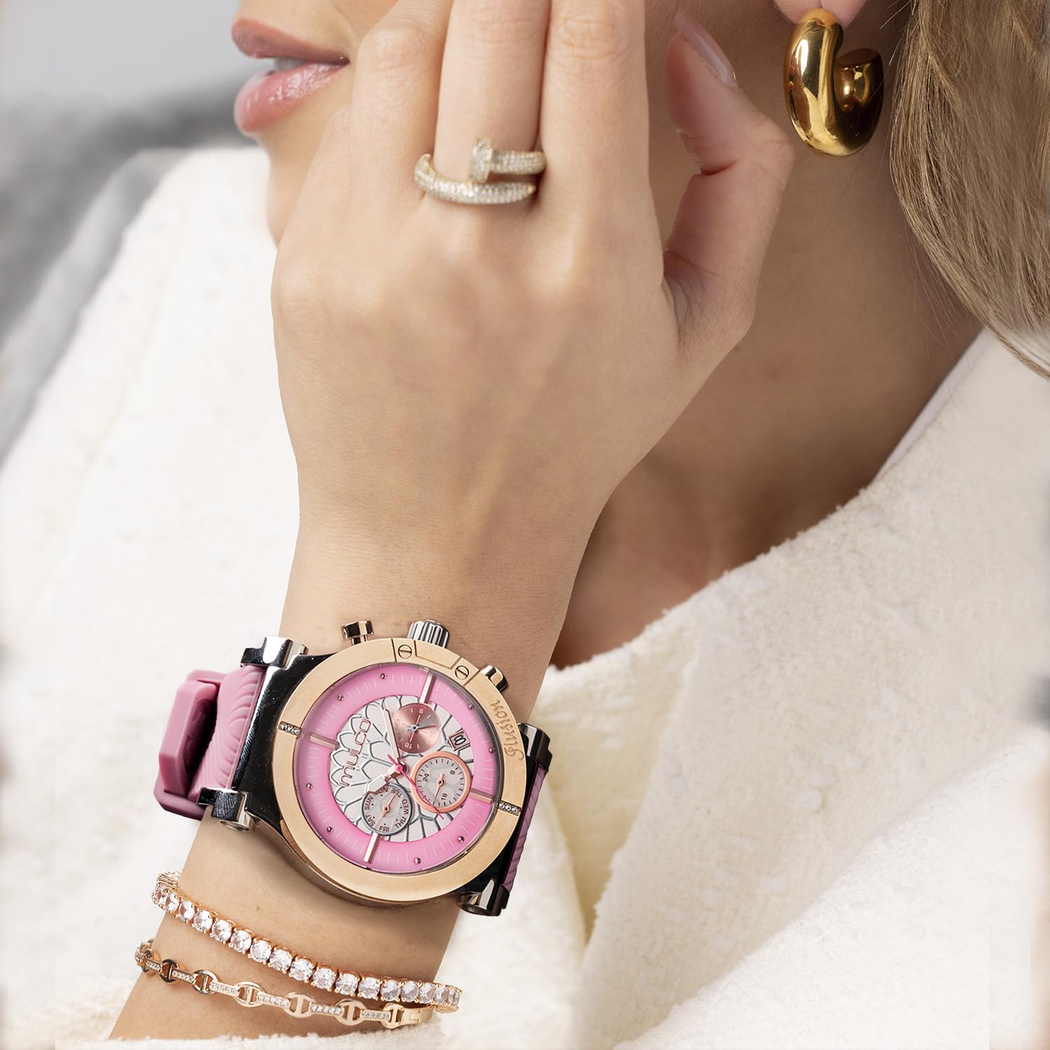 MULCO Dream Catcher - Reloj de mujer - Caja de acero inoxidable de 46 mm, movimiento analógico de cuarzo Miyota JP25, resistente al agua hasta 10 ATM, correa de silicona, multifunción, batería SR621SW