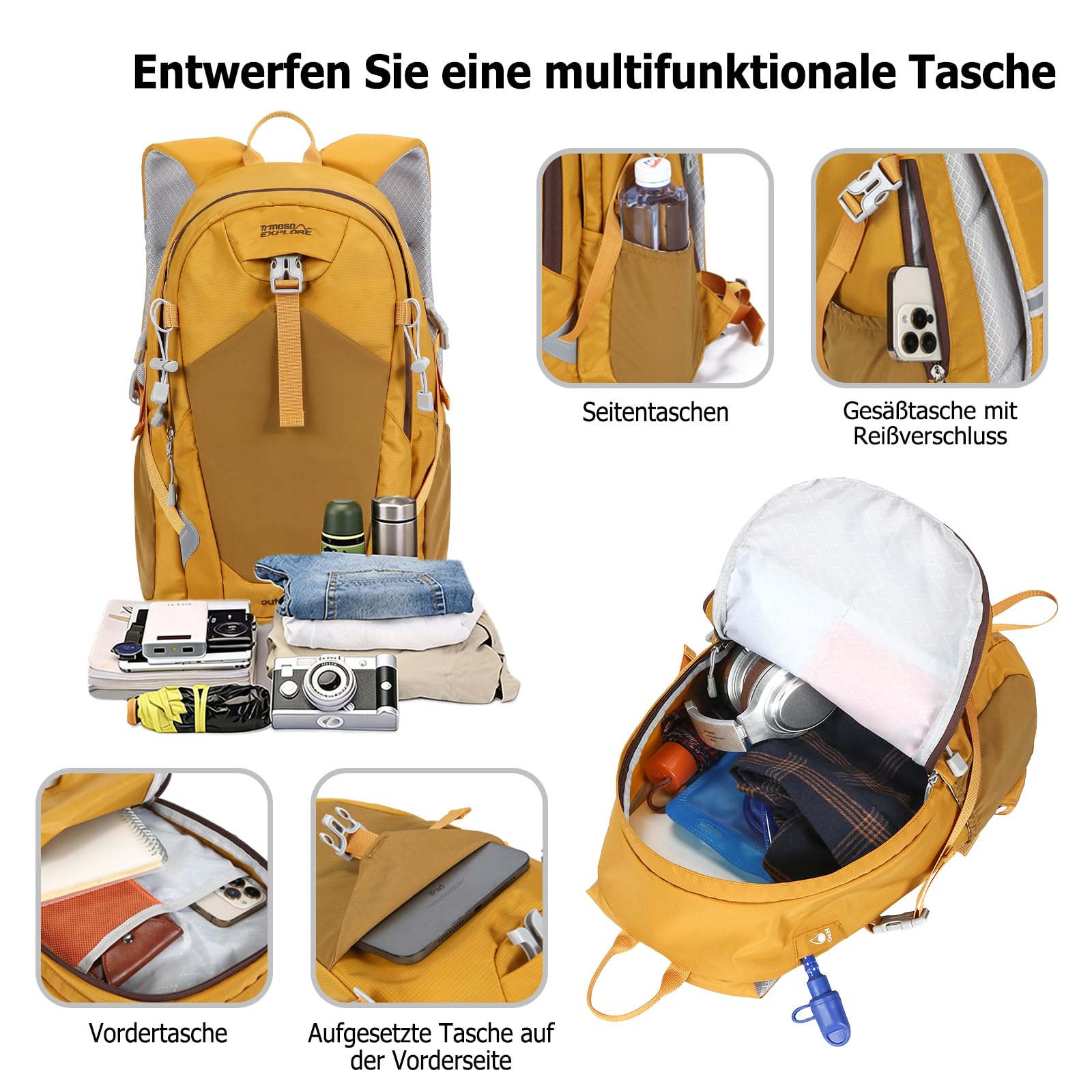 30L Wanderrucksack Wasserdicht Outdoor Tagesrucksack mit Ergonomischem Druckentlastungssystem Reflektierenden Streifen Mehrtaschen Rucksack für Camping Reisen Täglicher Gebrauch Gelb