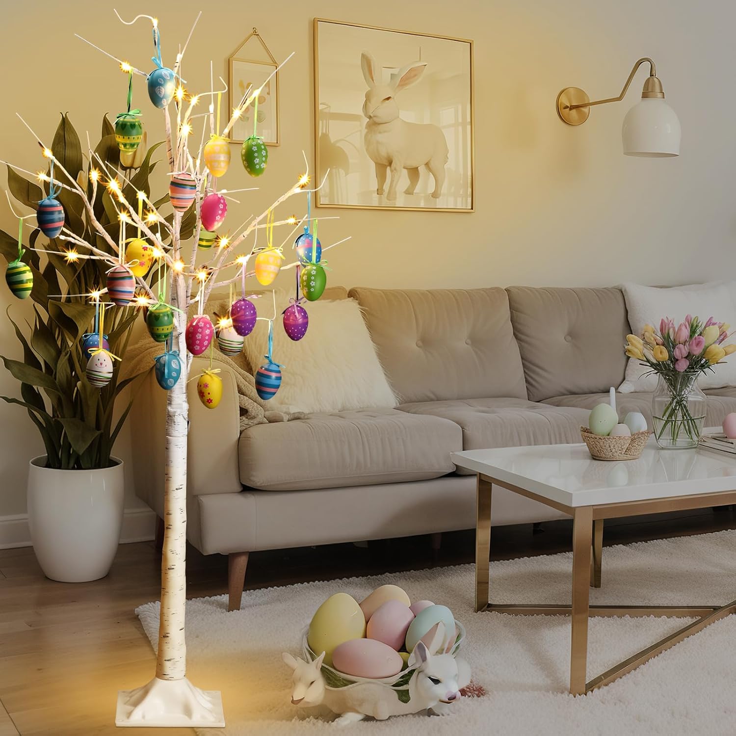 4 ft Easter White Birch Tree with LED Lights 48 Warm White LED Lighted Birch Tree 24 Pcs USB Easter Egg Centerpieces for Tables with Timer(Cute)