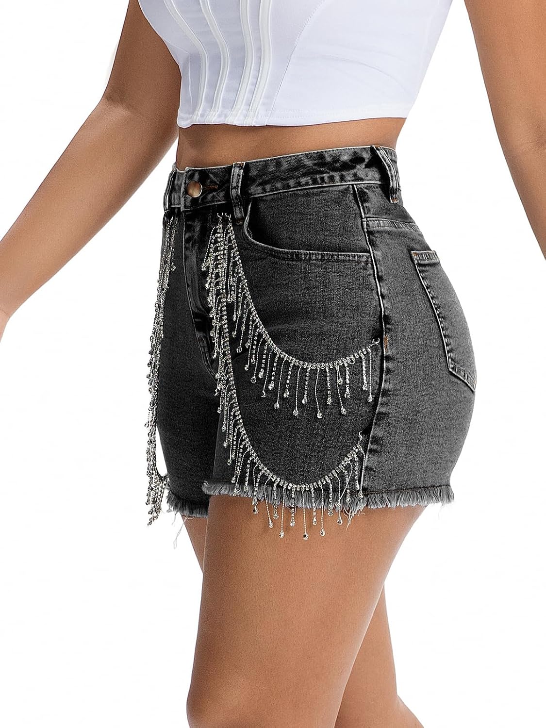 LifeShe Women Tassel Denim Short Rhinestone Pearl Beaded Fringe Jean Shorts