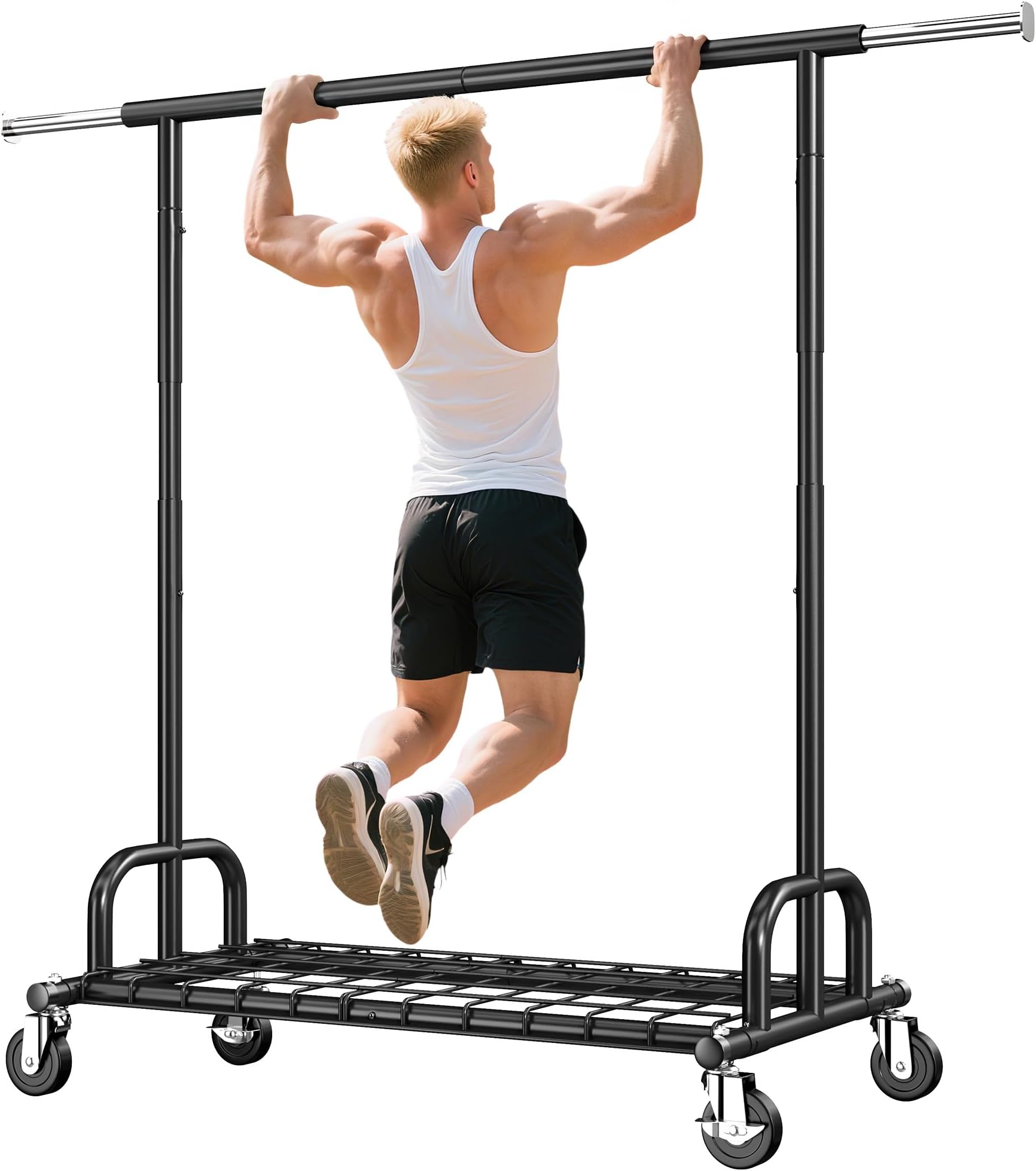 Raybee Clothes Rack Heavy Duty Load 530 LBS, Clothing Racks for Hanging Clothes, Rolling Clothing Rack, Extendable Adjustable Portable Clothes Rack, Metal Garment Rack, Black