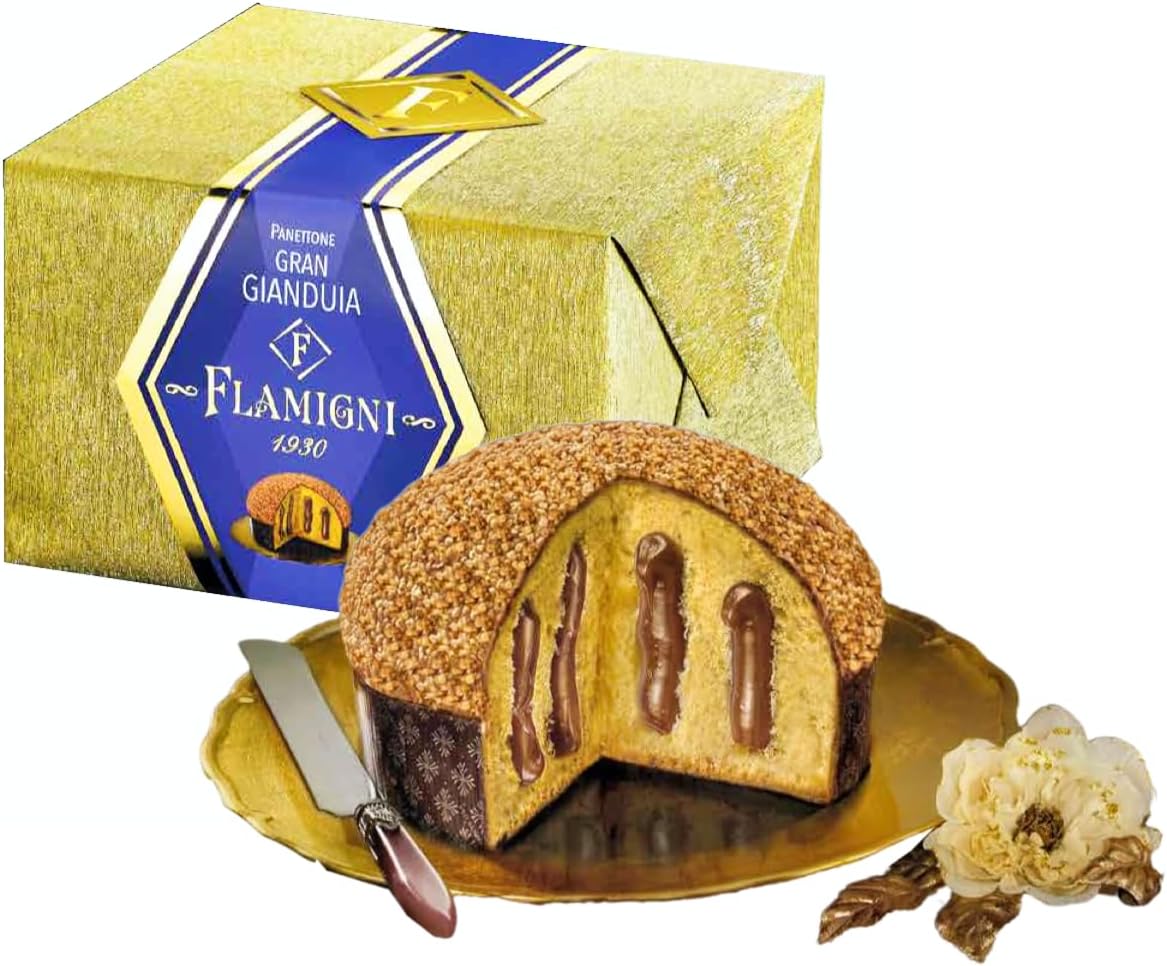FLAMIGNI 1930 | Italian Speciality Panettone delicious Chocolate Gianduja Cream, Crunchy Hazelnut & Sugar Grains | Luxury Hand-Wrapped Gift Sparkling Box | 1kg