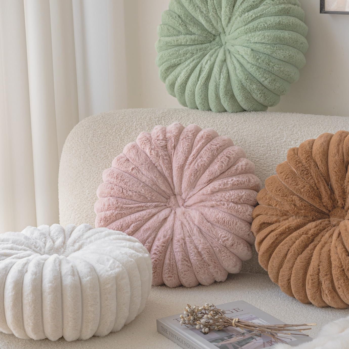 S_SSOY Faux Rabbit Fluffy Round Throw Pillow 14Inch,Pumpkin Pillow Cushion Floor Pillows for Living Room Sofa Bed Chair Floor Car Home (White)