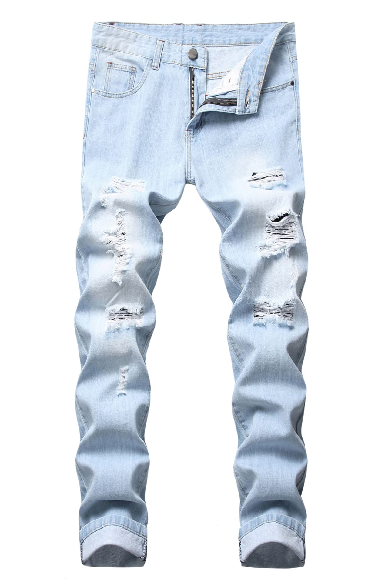 Baylvn Men's Ripped Distressed Destroyed Straight Slim Fit Denim Jeans, 958 Light Blue, 38