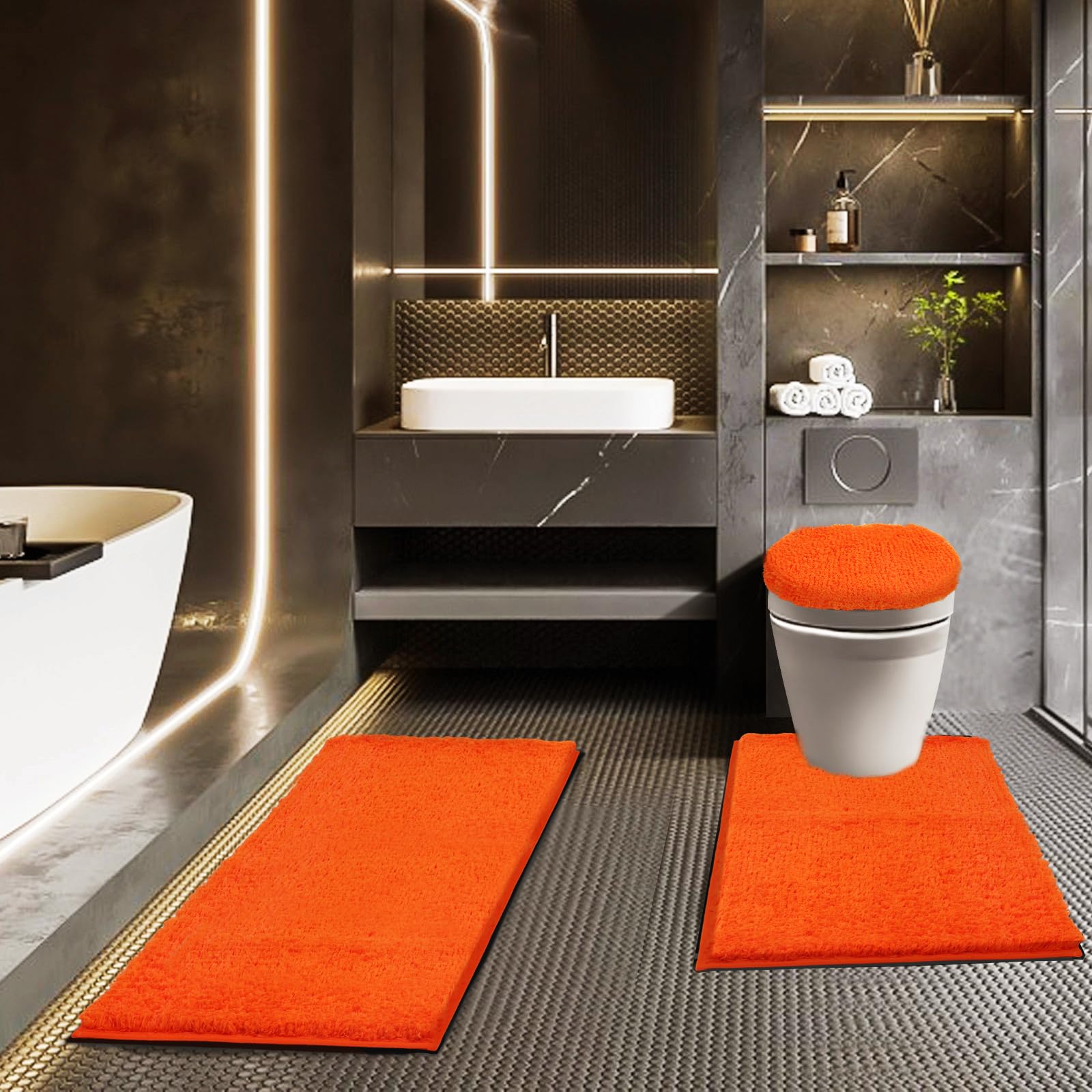bathroom rugs sets 3 piece with adjustable toilet seat cover 17.5"x 15" machine washable bath rug set with tpr non slip rubber backing solid bath mat set for luxury bathroom decoration