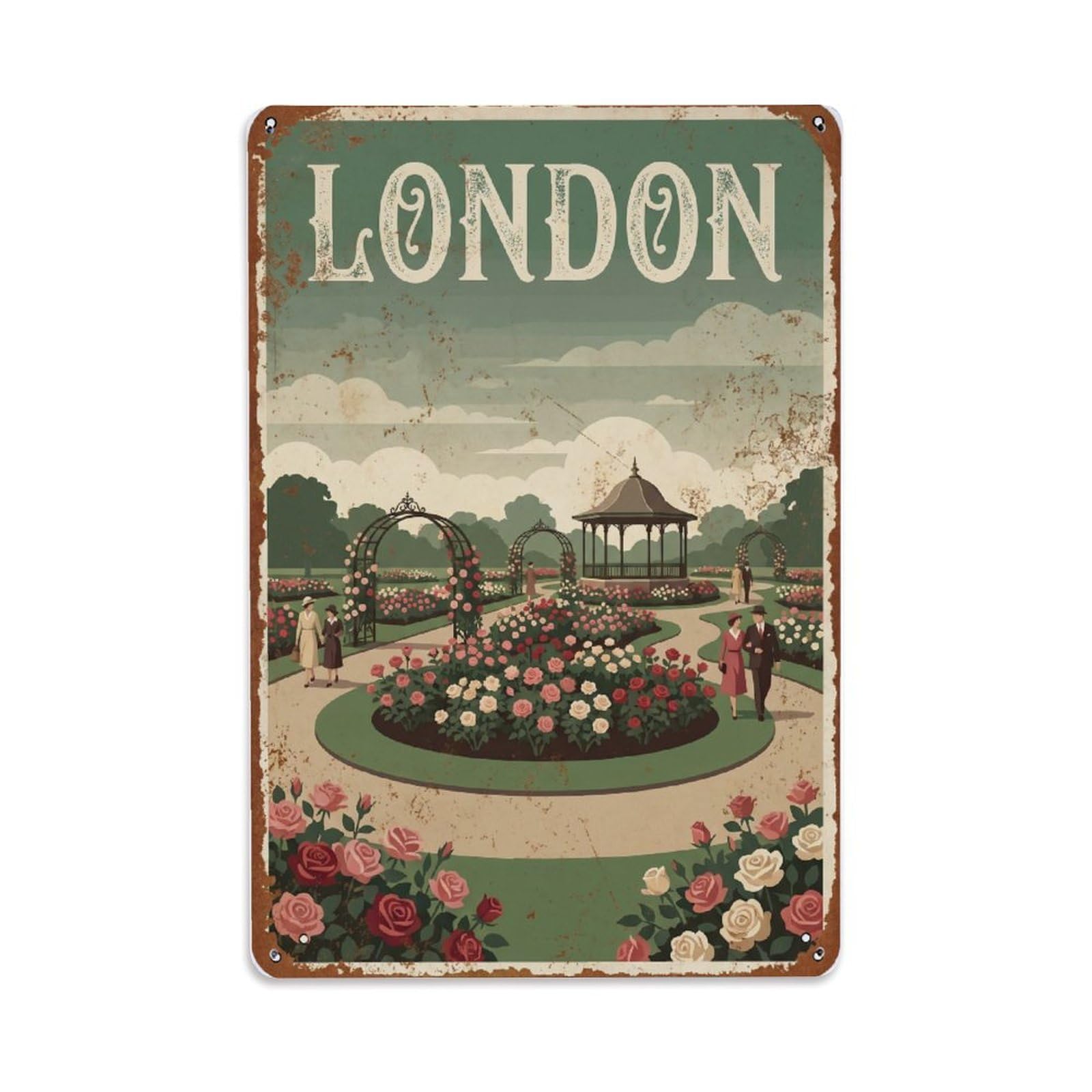 Vintage Travel London Regent Park Rose Garden Rusted England Metal Tin Sign Plaque Wall Decor for Cafe, Club Bar, Office, Home Garden Metal Poster 8x12Inch