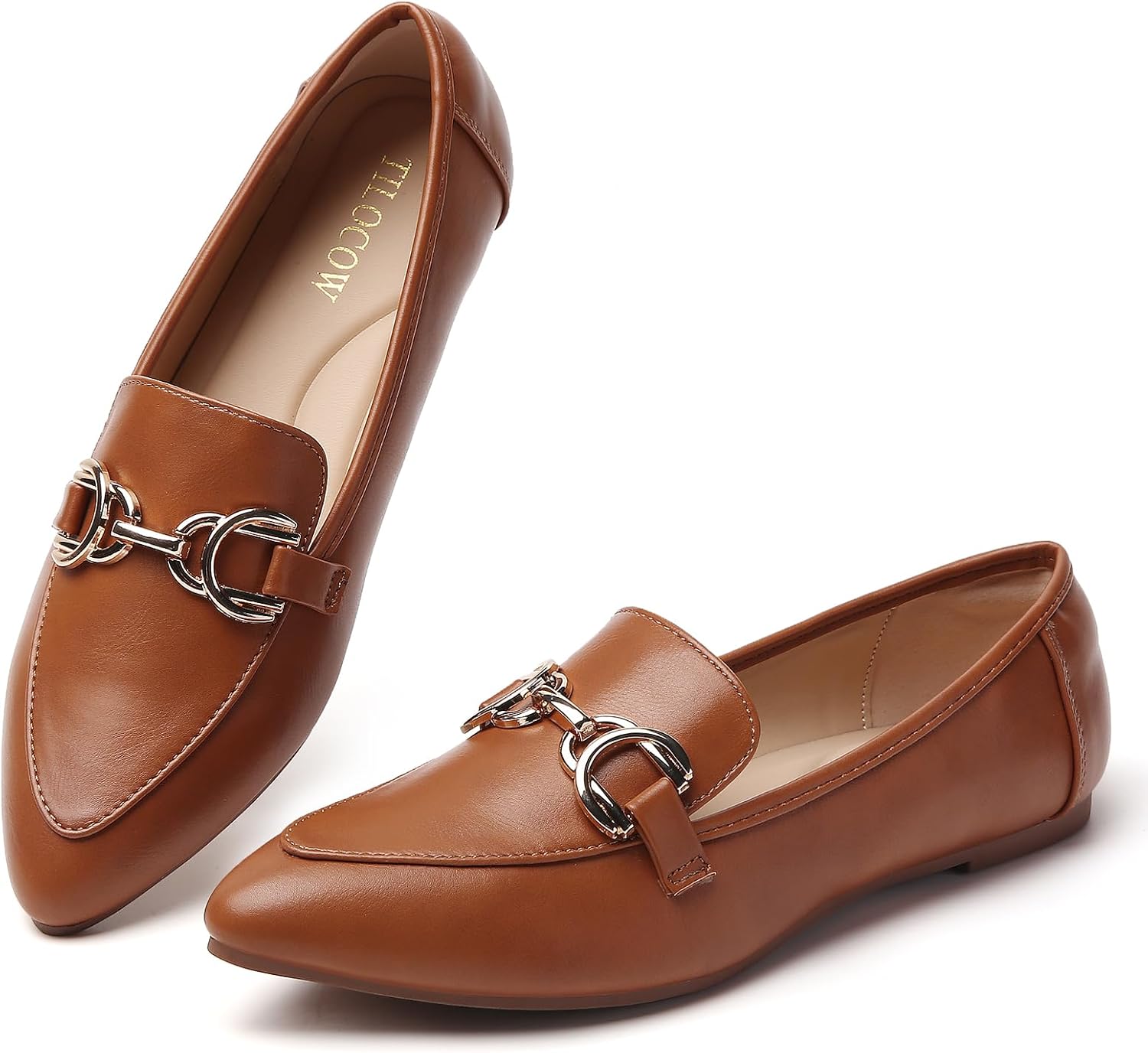 Tilocow Metal Chain Loafers Flats for Women Pointed Toe Slip on Flats Dressy Casual Comfortable Work Business Shoes