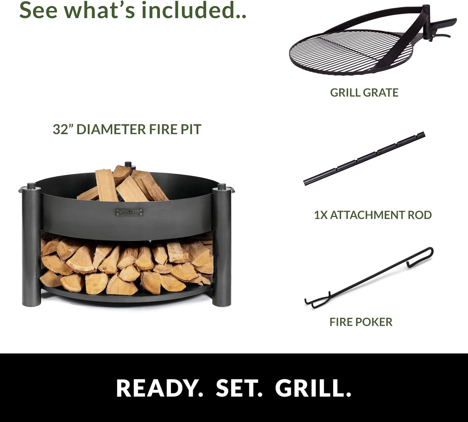Grand Hearth 32" Cooking Fire Pit, Standard Grill Set, Wood Burning Backyard BBQ Grilling Campfire, Handcrafted, Large Outdoor Steel Firepit by Good Directions