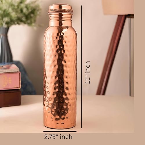 Miniatura 6 de NZM Botella de agua de cobre puro de 34 onzas para beber, tapa a prueba de fugas, botella de agua ayurvédica de cobre martillado de 33.8 fl oz