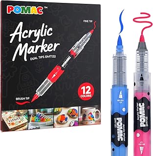 POMAC Dual Tip Acrylic Paint Markers Pens 12 Assorted Colors, Direct Liquid Acrylic Marker with Brush & Fine Tip, Water-Based Paint Marker for Fabric, Canvas, Rock, Glass, Wood, Crafts, Art Supplies