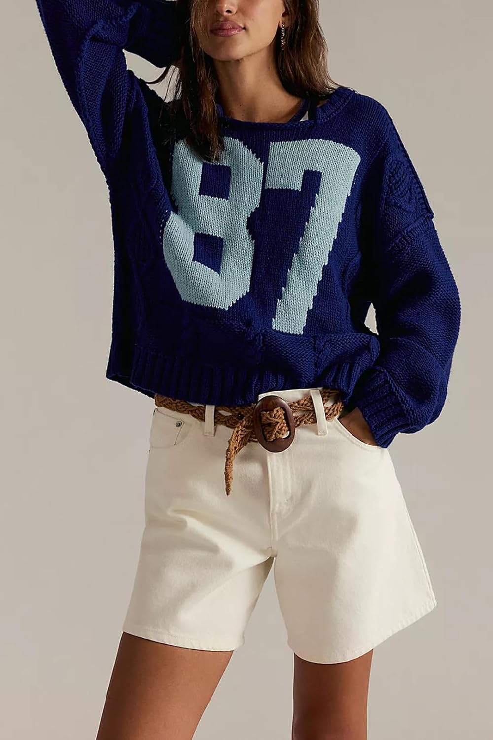 Women's Casual Knit Sweater 87 Number Long Sleeve Cable Knit Crew Neck Trendy Pullover Tops
