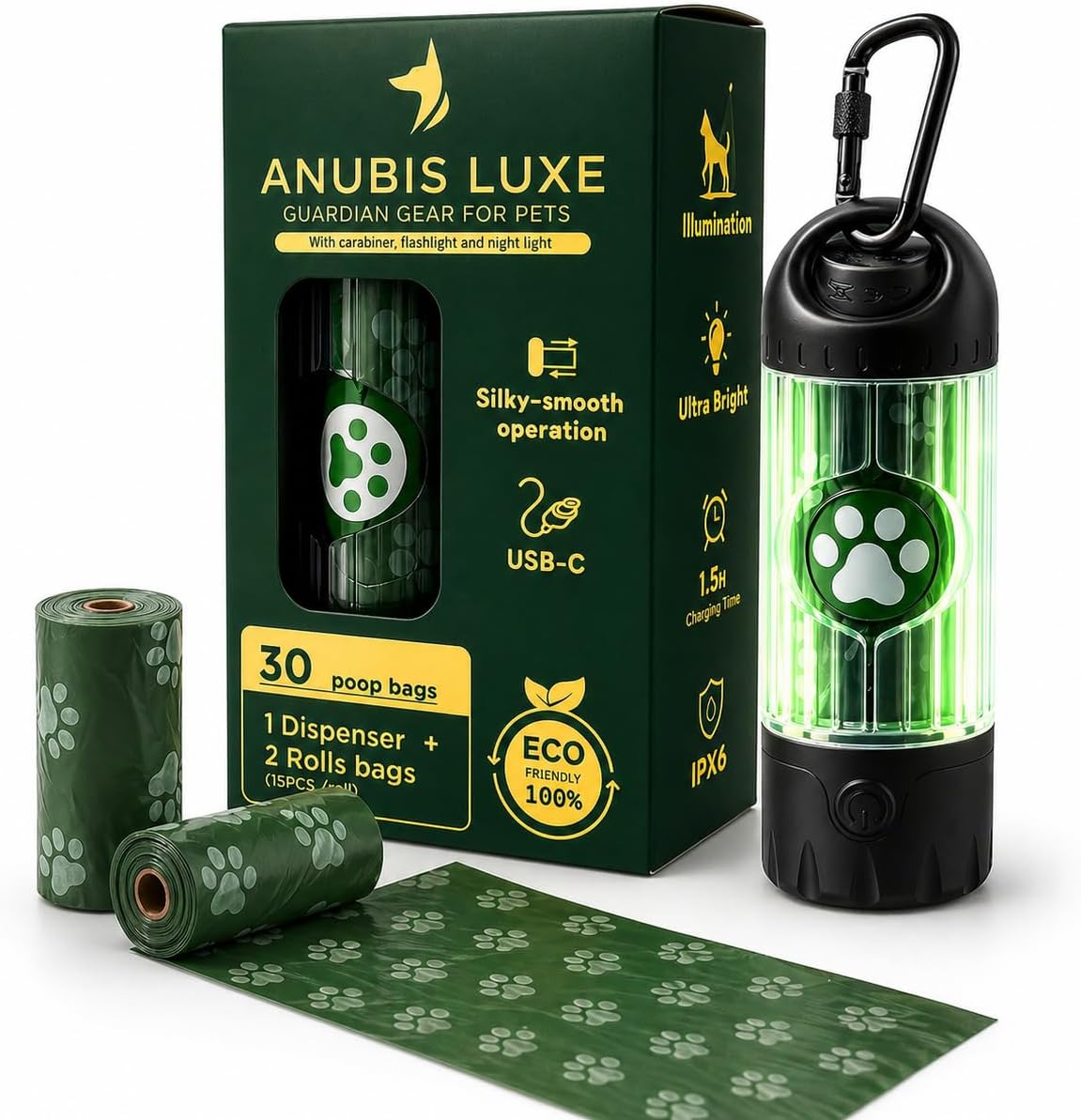 Dog Pet Poop Dispenser Bag Holder Hands free for Outdoor Activities, Flashlight Multi-Color LED Night Light, USB-C Rechargeable, Waterproof, Safety, Anti-Slip Clip (30 Bags, 1 Dispenser)