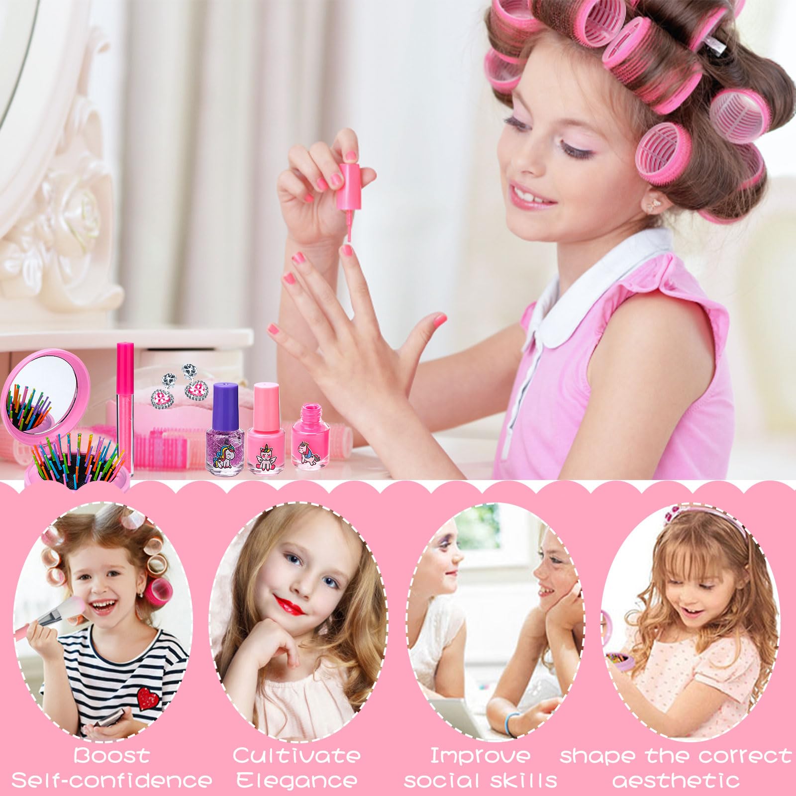 Kit de Maquillaje Niñas , 59 Piezas Lavable, Set Maletin, Juegos de Belleza Cosméticos, Tocador de Maquillaje Niña, Regalos No-Tóxicos para Princesas 5 6 7 8 9 10+ Años