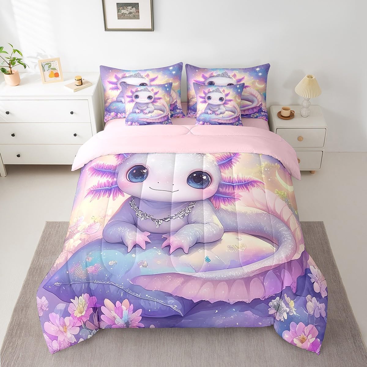 Erosebridal Cute Axolotl Comforter Set with Sheets Full Size,Blooming Blossom Flower Purple Galaxy Printed Bedding for Kids Girls Room Decor,Cartoon Axolotl Ocean Animal Bed Set 7Pcs