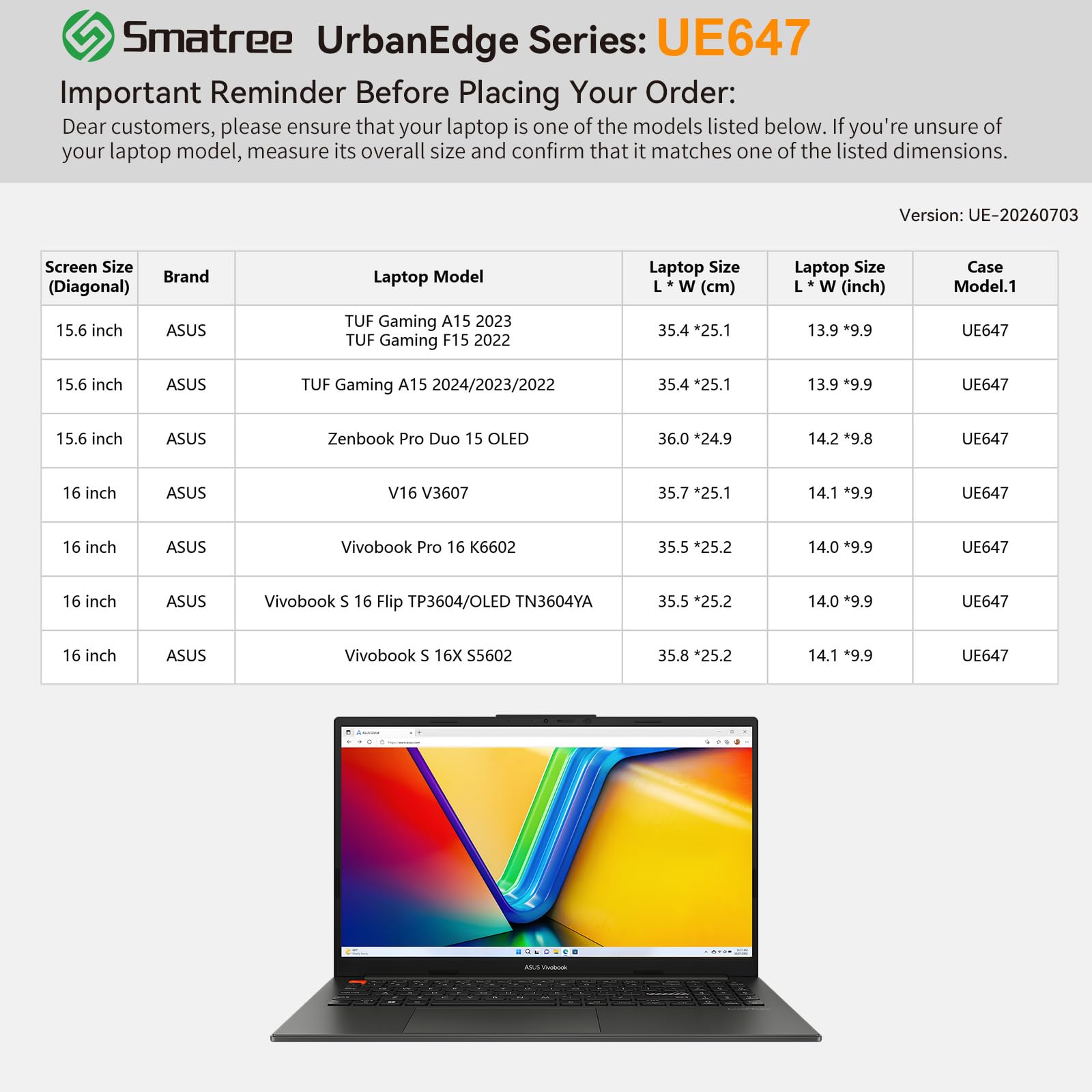 Smatree UrbanEdge Custodia per laptop per 15,6" ASUS TUF Gaming A15/F15;Zenbook Pro Duo 15 OLED;16" ASUS V16 V3607;Vivobook Pro 16 K6602;Vivobook S 16-Flip/16X-S5602(UE647)