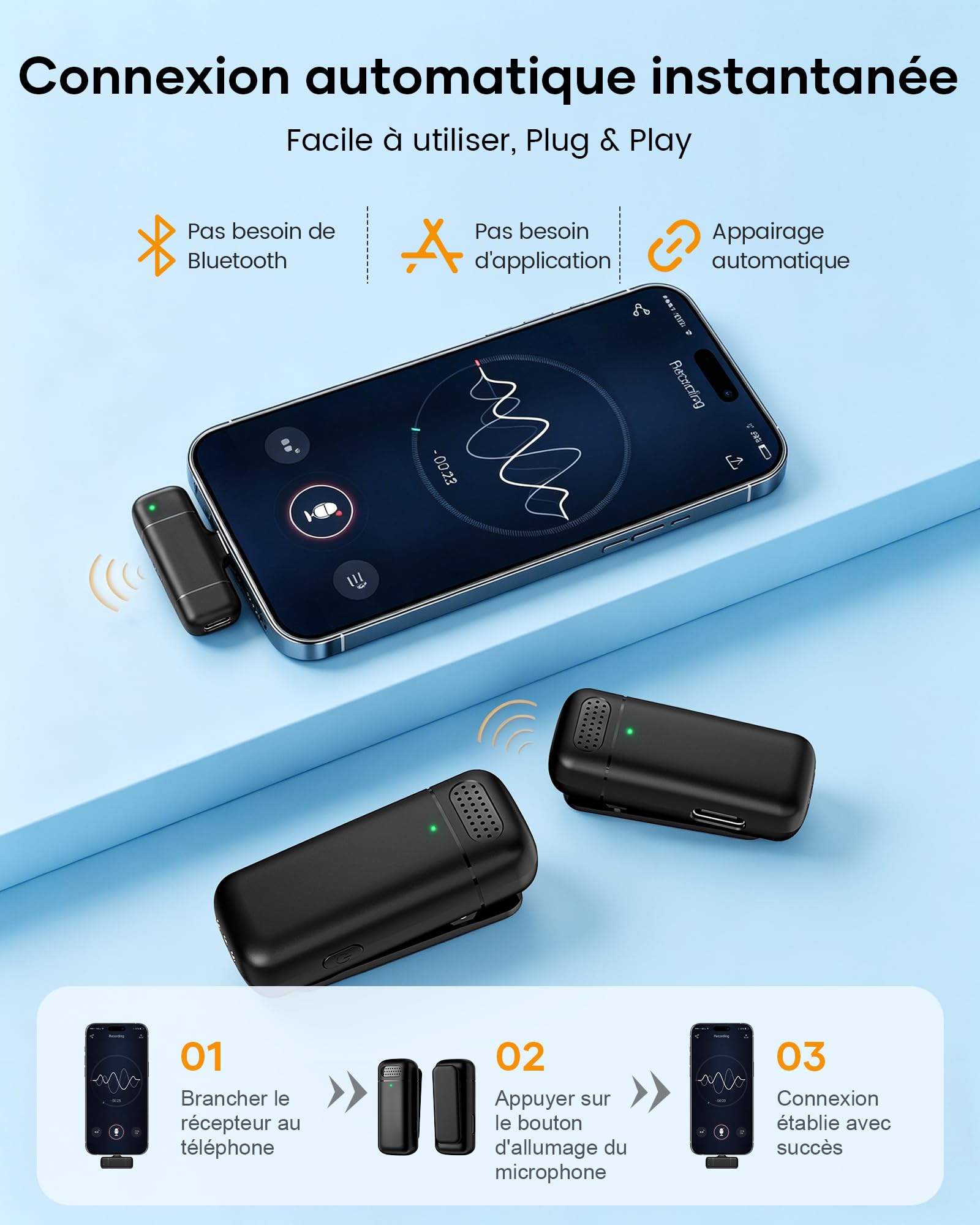 KUKIHO 2pack Mini Micro Cravate sans Fil pour Type-C & Lightning, avec Boîtier De Recharge Micro pour Vlogging Enregistrement Vidéo Live Streaming