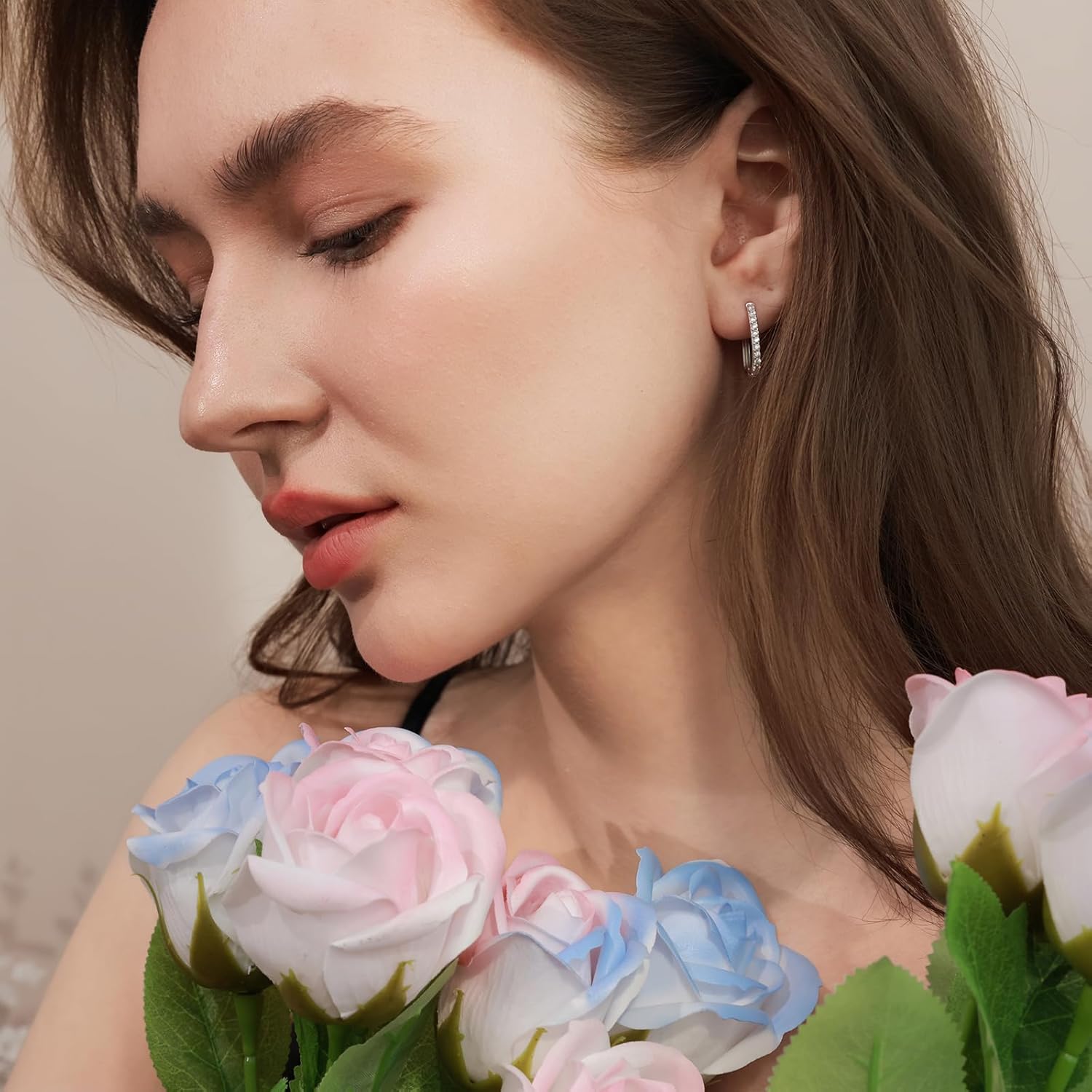 925 Sterling Silver Hypoallergenic Cubic Zirconia Hoop Earrings– Trendy Geometric Minimalist Rectangular Design for Women & Men - Image 2