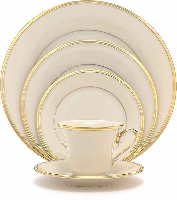 Lenox Dinnerware Set, Eternal 5-Piece Place Setting, 24-Karat Gold Accents Set, Service for 1, Made Of Ivory Porcelain, Dishwasher Safe, Plates, Cups And Saucers, Home And Kitchen (Ivory, 5 Piece)
