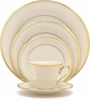 Lenox Dinnerware Set, Eternal 5-Piece Place Setting, 24-Karat Gold Accents Set, Service for 1, Made Of Ivory Porcelain, Dishwasher Safe, Plates, Cups And Saucers, Home And Kitchen (Ivory, 5 Piece)