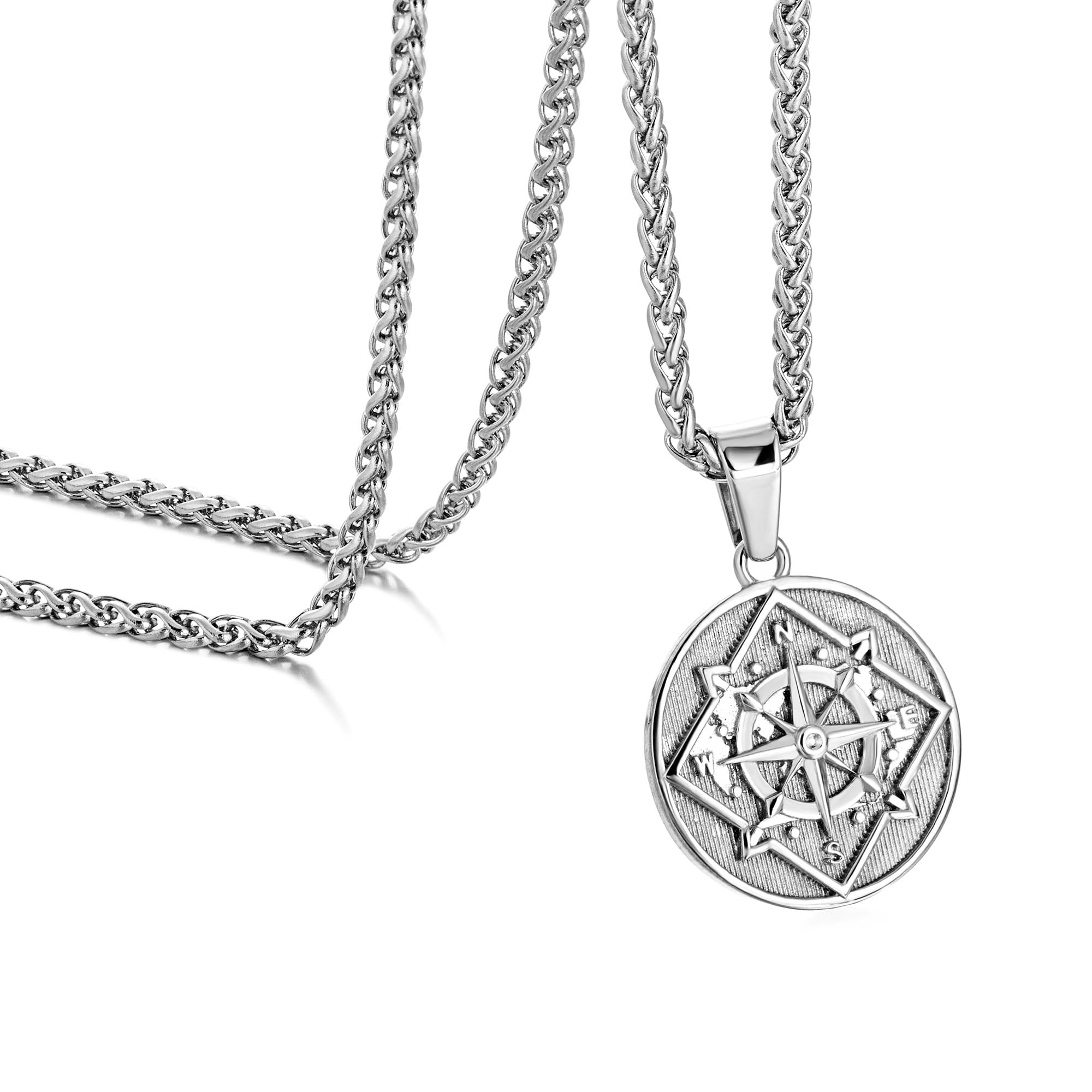 murtoo Cadena para hombre, collar con colgante de brújula para hombre, plata circular, colgante de trigo, cadena de trigo para hombre y mujer, collar de acero inoxidable, regalo para hombre y mujer,