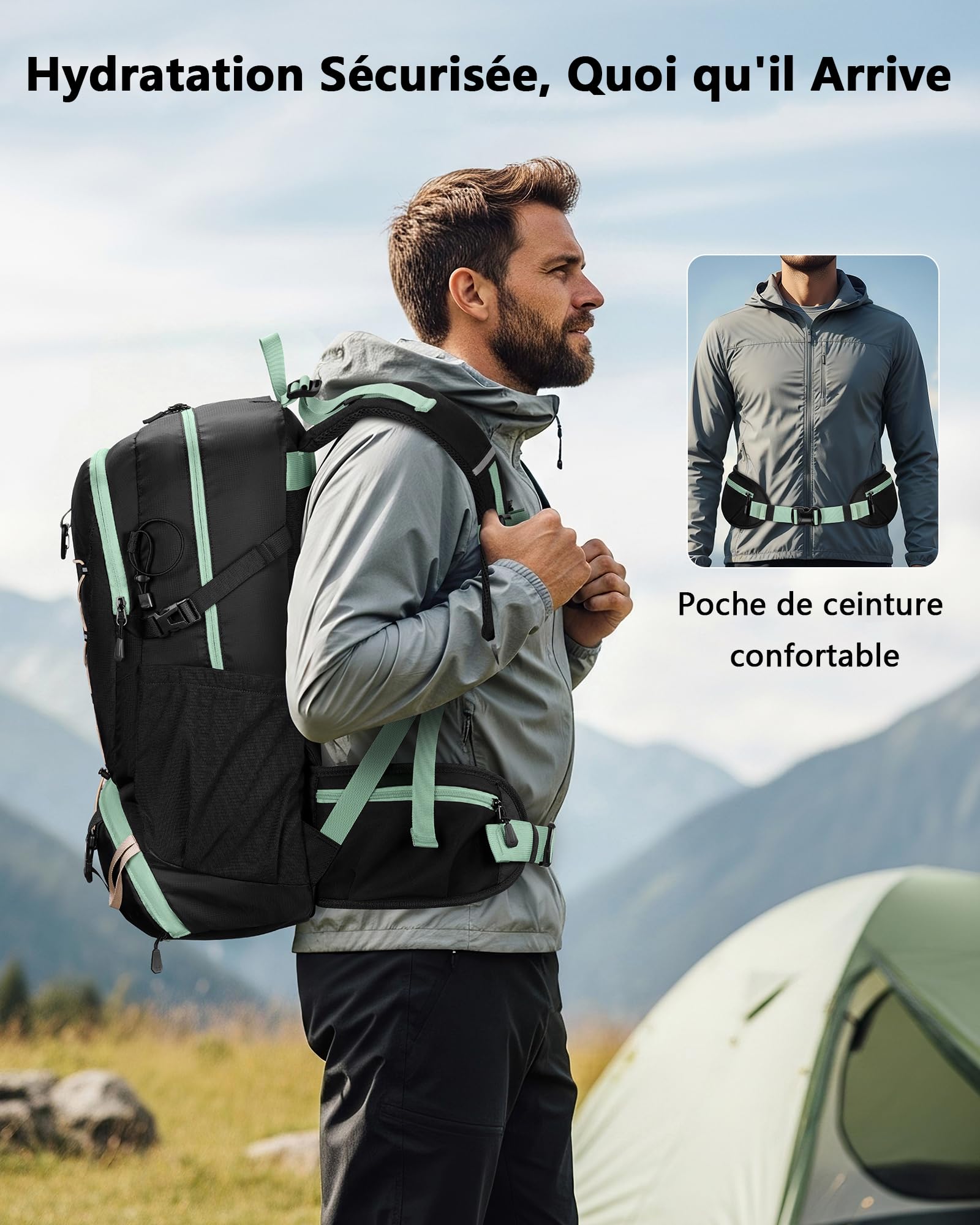 MATEIN Sac Randonnée Imperméable avec Housse de Pluie, Sac à Dos 40L, Noir