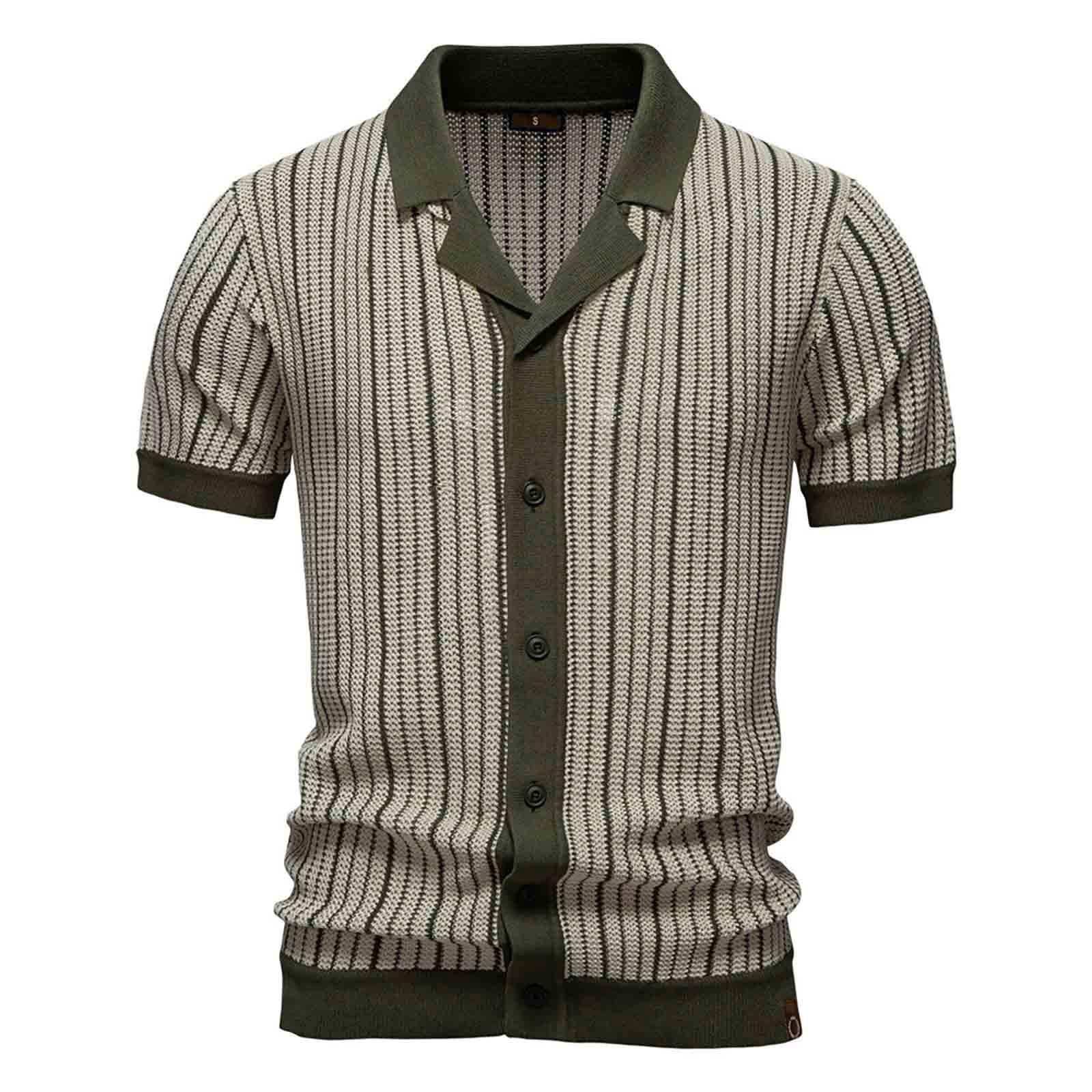 Polo de manga corta para hombre a rayas retro de los años 70, camiseta de punto de manga corta con botones