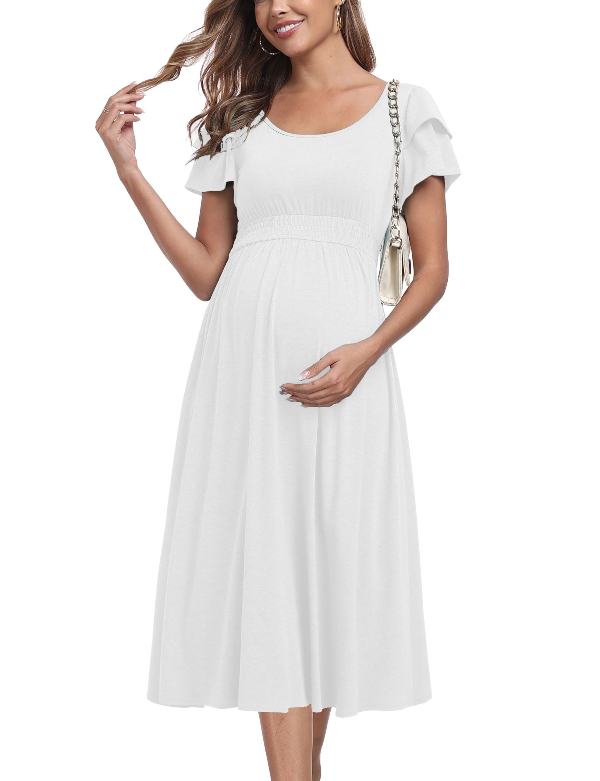 Umstandskleid mit Rüschen, kurze Ärmel, hohe Taille, Midi-Kleid, Frühling, Babyparty-Kleider
