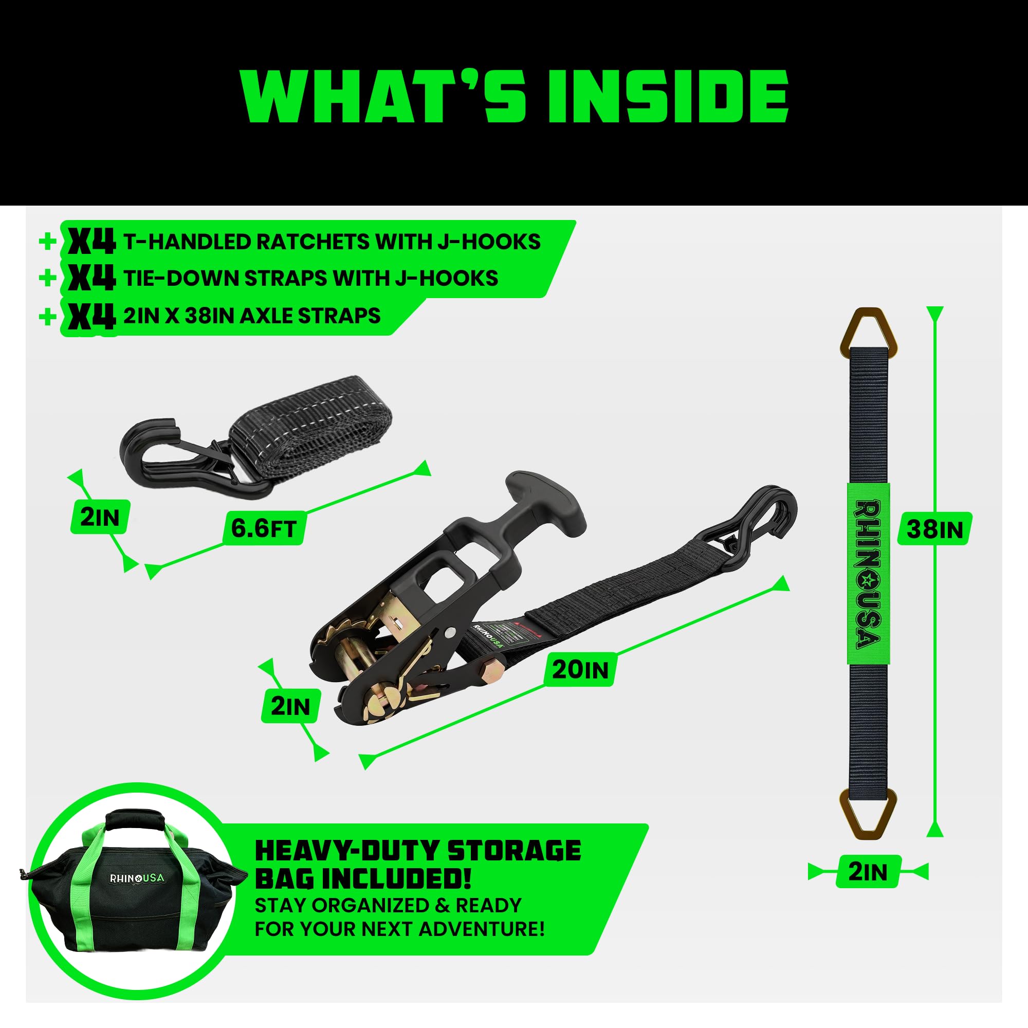Rhino USA Car Hauler Tie Down Straps 4-Pack - 2inx8ft with J Hooks | 10000lb Break Strength Car Hauler Straps with Axle Strap Set for UTV & Powersports. Heavy Duty T-Handle No-Slip Grip. Blac product thumbnail 6