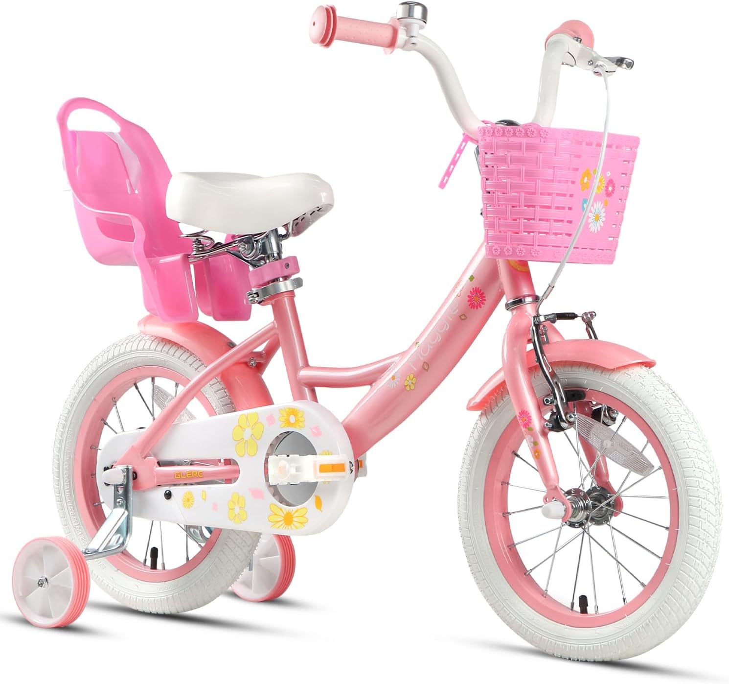 Maggie 14 Inch Kids Bike for 2 3 4 5 6 7 Years Old Girls, Toddler Bicycle Little Girls Princess Bikes with Doll-Seat & Basket & Training Wheels for Gift, Pink & White