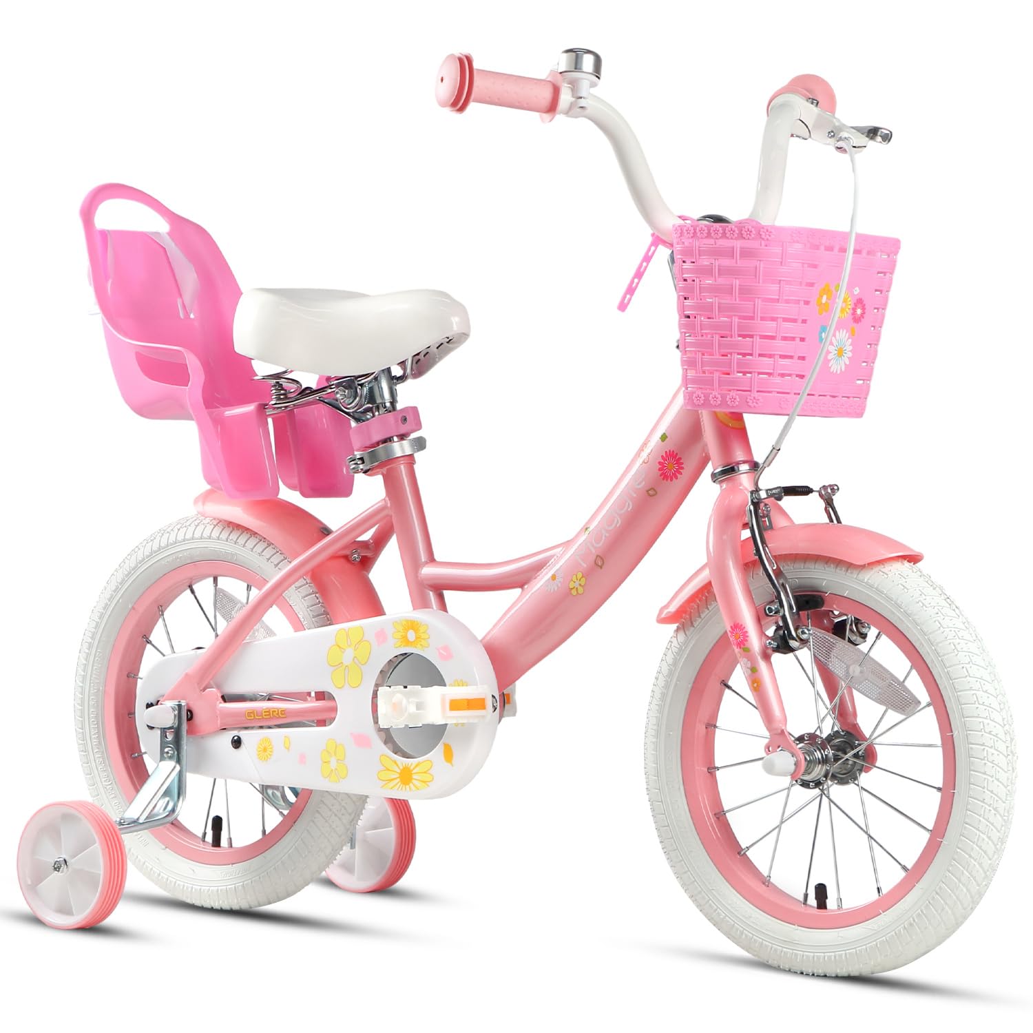 Glerc Maggie 14 Inch Kids Bike for 2 3 4 5 6 7 Years Old Girls, Toddler Bicycle Little Girls Princess Bikes with Doll-Seat & Basket & Training Wheels for Gift, Pink & White