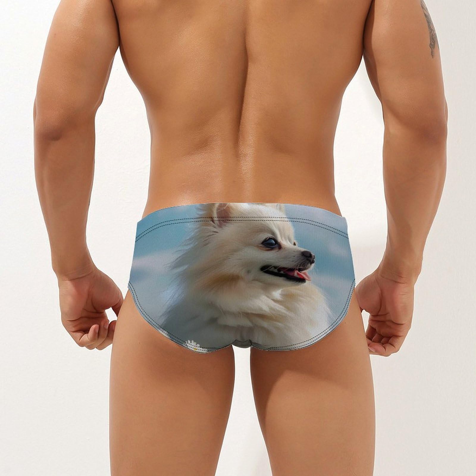 Pomeranian Mens Swim Briefs Bikini Swimwear Print Beach Shorts Sexy Swimsuit 3XL