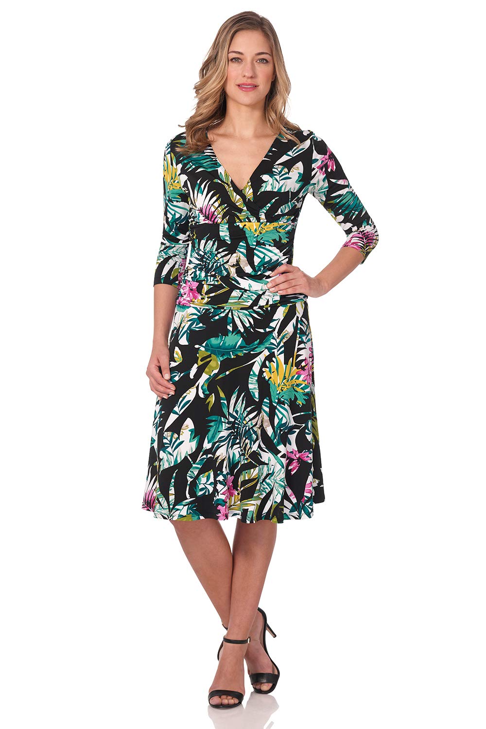 Rekucci Women's Slimming 3/4 Sleeve Fit-and-Flare Crossover Tummy Control Dress