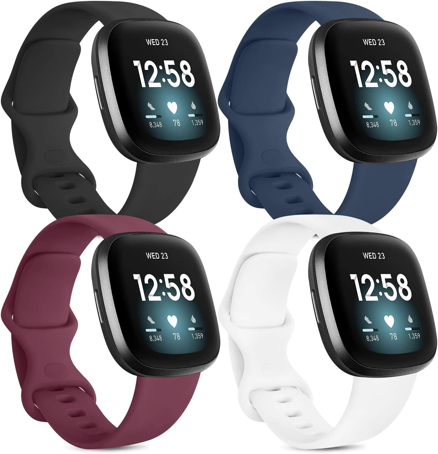 Oumida [4 Pack] Bands Compatible with Fitbit Sense and Fitbit Versa 3 Bands for Women Men, Soft Silicone Wristbands for Fitbit Versa 3 / Fitbit Sense (Small, Black, Navy Blue, Wine red, White)
