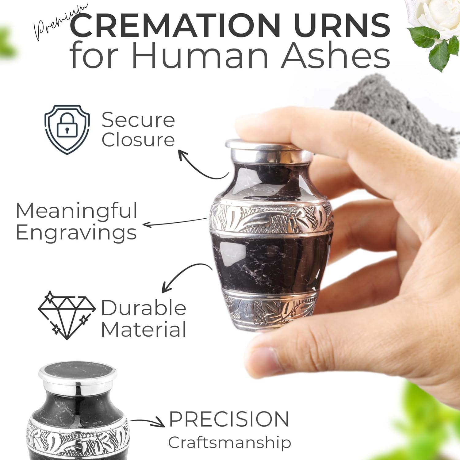 Set of 4 Small Black Marbled Keepsake Urns for Human Ashes - Mini Cremation Urns with Hand Engraved Floral Design, 3 Inch Each - Image 2