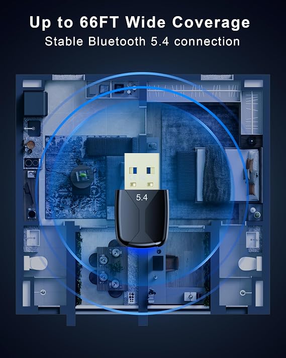 Bluetooth Dongle for PC 5.4 Bluetooth Adapter 20M Range USB Adapter for PC, Plug and Play USB Dongle Free Diver for Laptop Headphones Keyboard Mouse Windows 11/10/8.1
