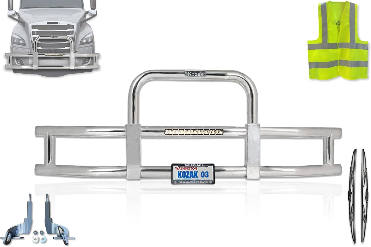 KOZAK CHROME Grille Deer Moose Brush Bumper Guard with Built in 16'' LED Bar w/Brackets Compatible with Freightliner Cascadia 2018+ PLUS Logo, License Plate Holder and Frame, 2x 22" Wipers, Vest