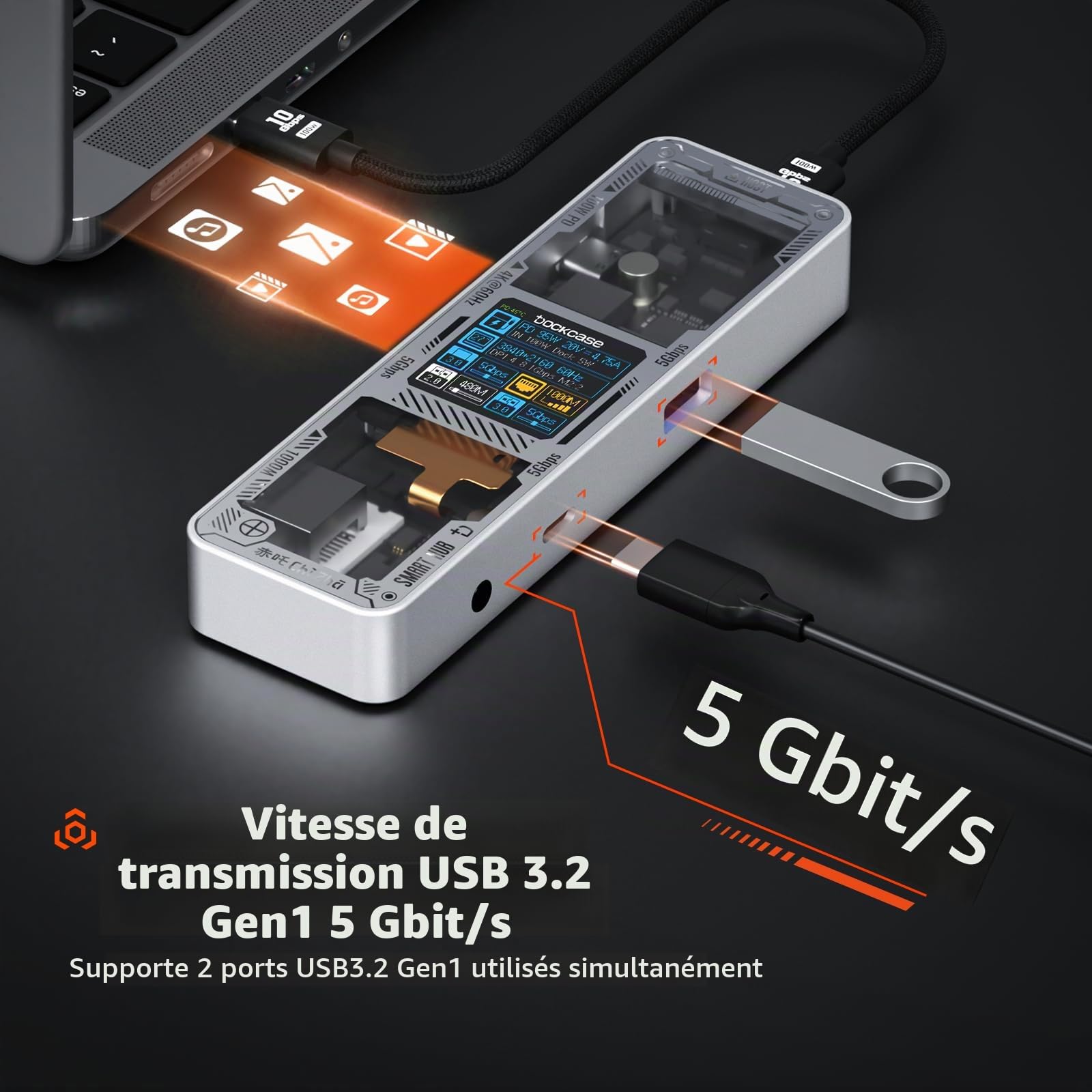 DOCKCASE Smart Hub USB C 6 en 1 Édition Explorer - Station d'Accueil HDMI 4k@60hz, PD 3.0 100w, Gigabit Ethernet, 2 USB-A 5 Gbps - Pour MacBook Air/Pro, XPS, etc - Argent