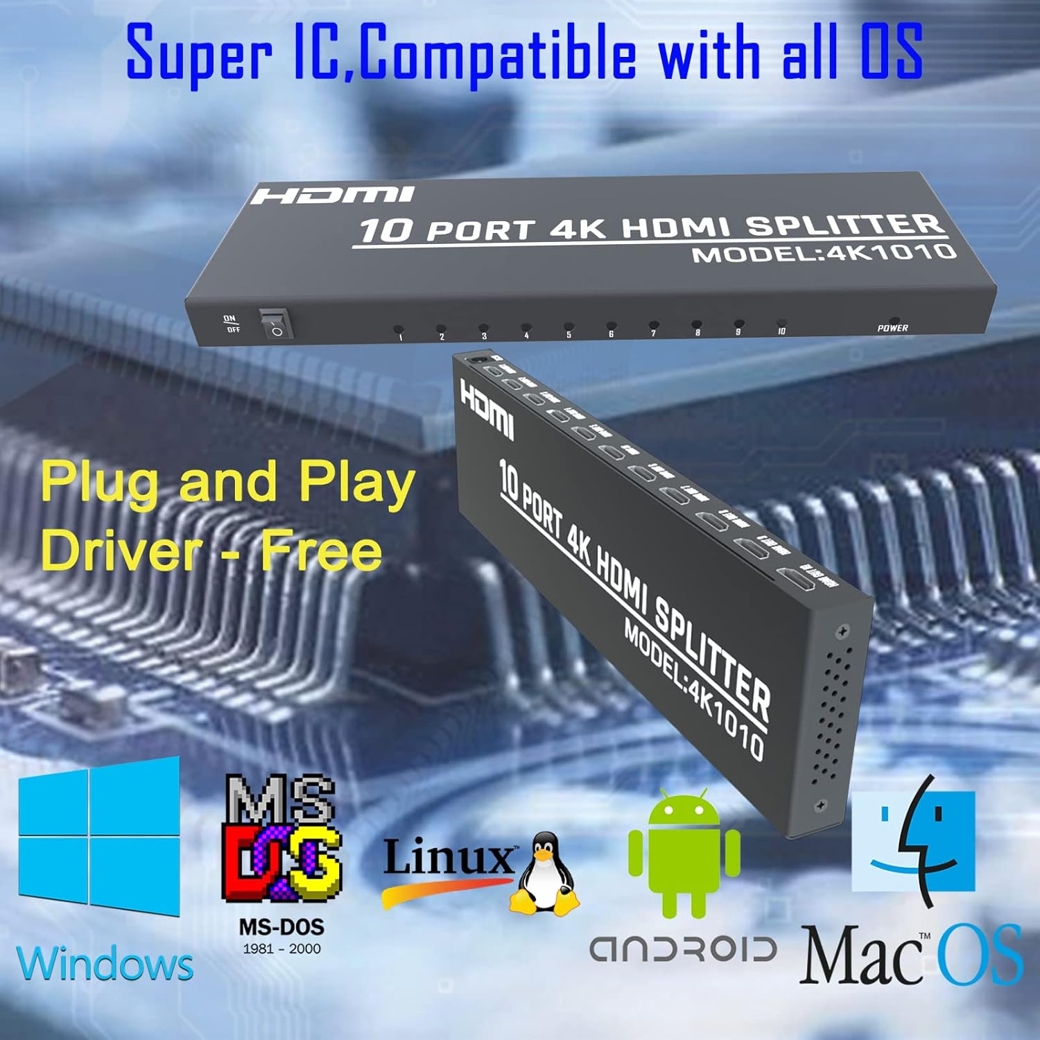 The KAGO HDMI splitter shown with various operating system logos like Windows, MS-DOS, Linux, Android, and Mac OS, highlighting its broad compatibility.