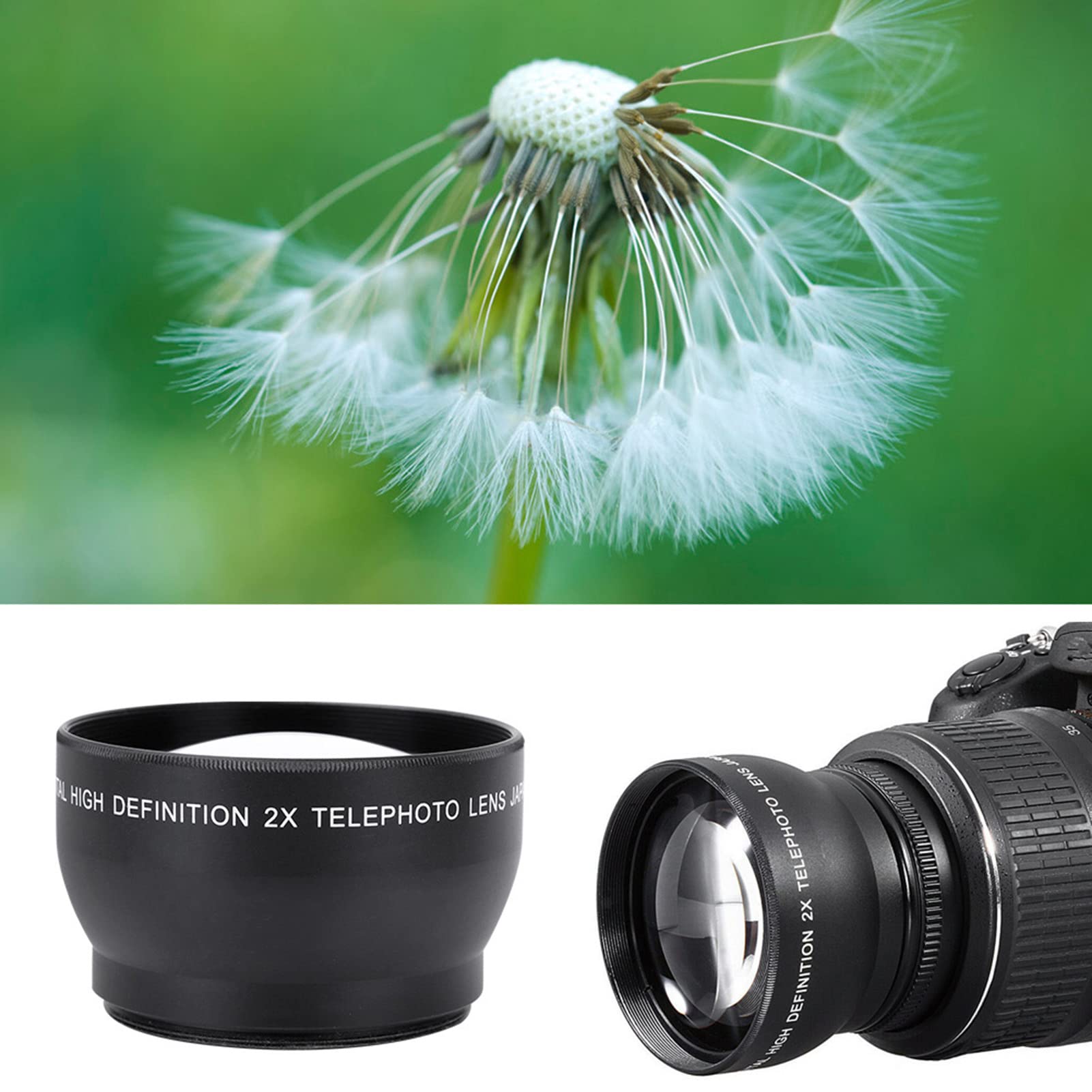 Objectif de Convertisseur télé HD 52mm 2X, Convertisseur Haute Définition, Monture de Caméra 52mm, Noir