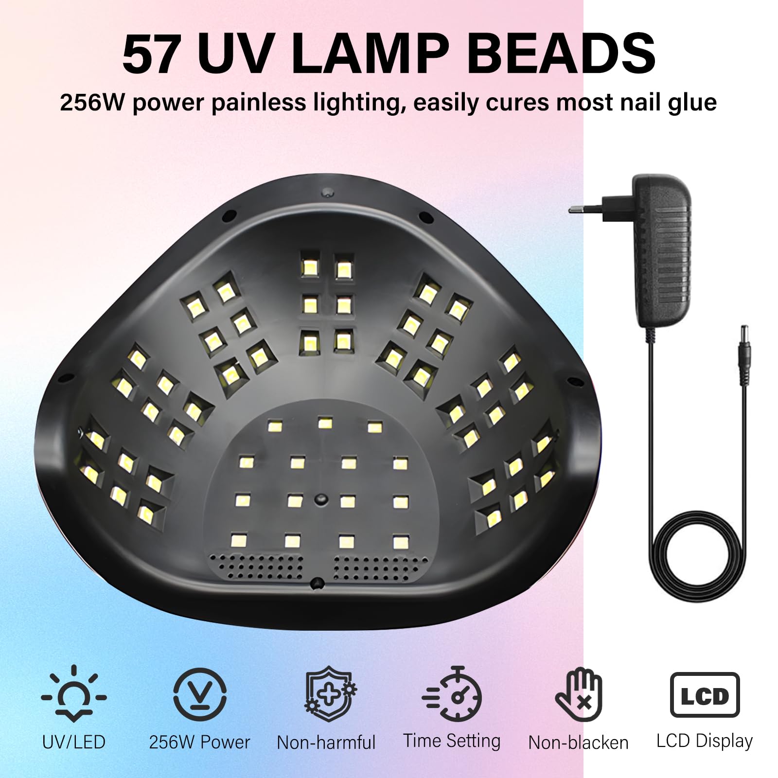 256W Lampada Profesional Unghie LED UV, Asciugatrice per Gel con 4 Impostazioni Timer e Sensore Automatico, Asciuga Smalto con 57 Perline Luminose & Display LCD per Manicure e Pedicure