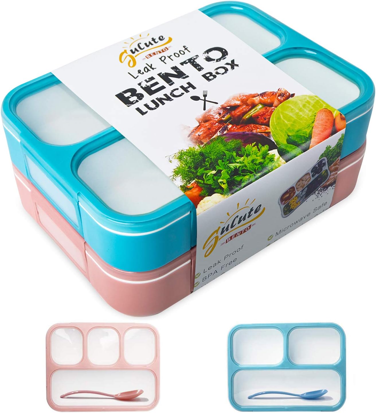Bento Lunch Box Set [2 Pack] | 3 & 4 Compartment Bentobox Combo for Kids and Adults with Leakproof Design | BPA-Free, Microwave Safe, Dishwasher Safe Lunchbox for Meal Prep