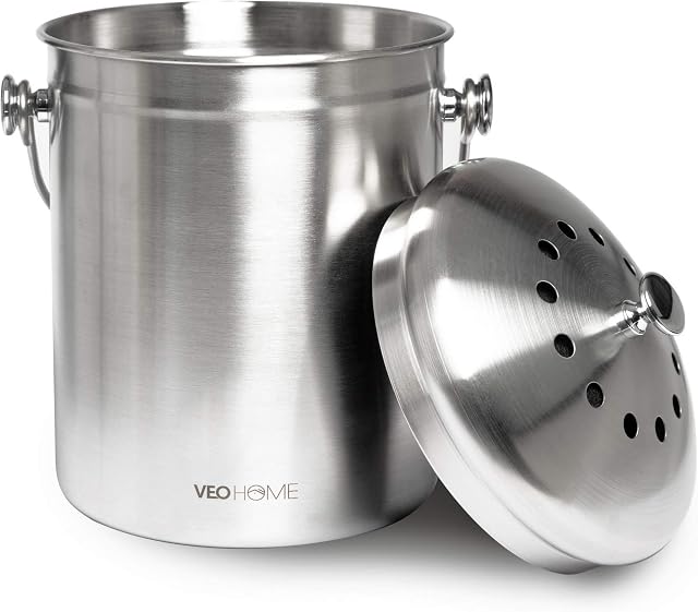 Kitchen Compost Bin with Charcoal Filter (1.3 Gallon) - Rust-Resistant Stainless Steel, 100% Airtight to Avoid Odor from Organic Food Waste at Home | Eco-Friendly and Durable Indoor Composter Pail