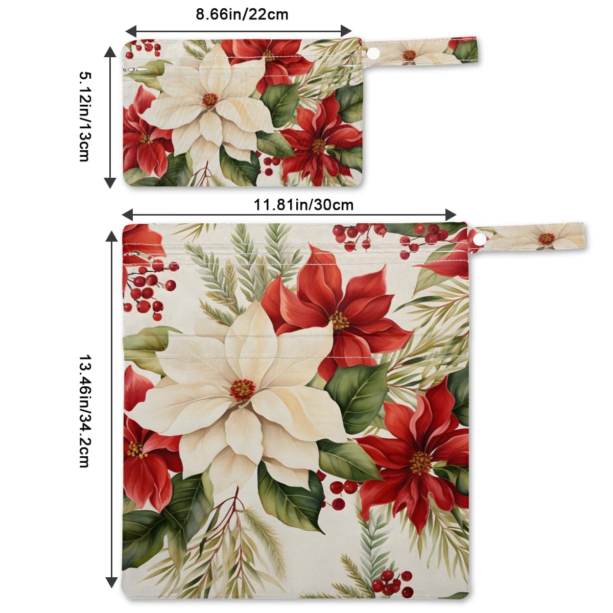 2pcs Cloth Diaper Wet Dry Bag with Two Zipper Pocket Waterproof Storage Bag Travel Laundry Bags, Beach, Pool, Breast Pump Parts, Gym Bag for Swimsuits & Wet Clothes for Baby (Xmas Poinsettia Holiday)